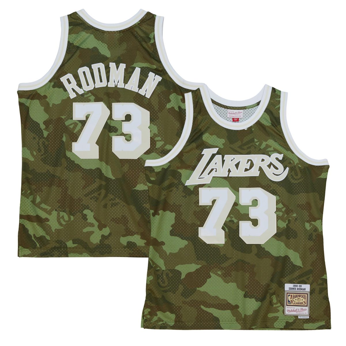 Official Los Angeles Lakers mens los angeles lakers dennis rodman mitchell  ness camo hardwood classics 199899 ghost green swingman jersey | Lakers Shop