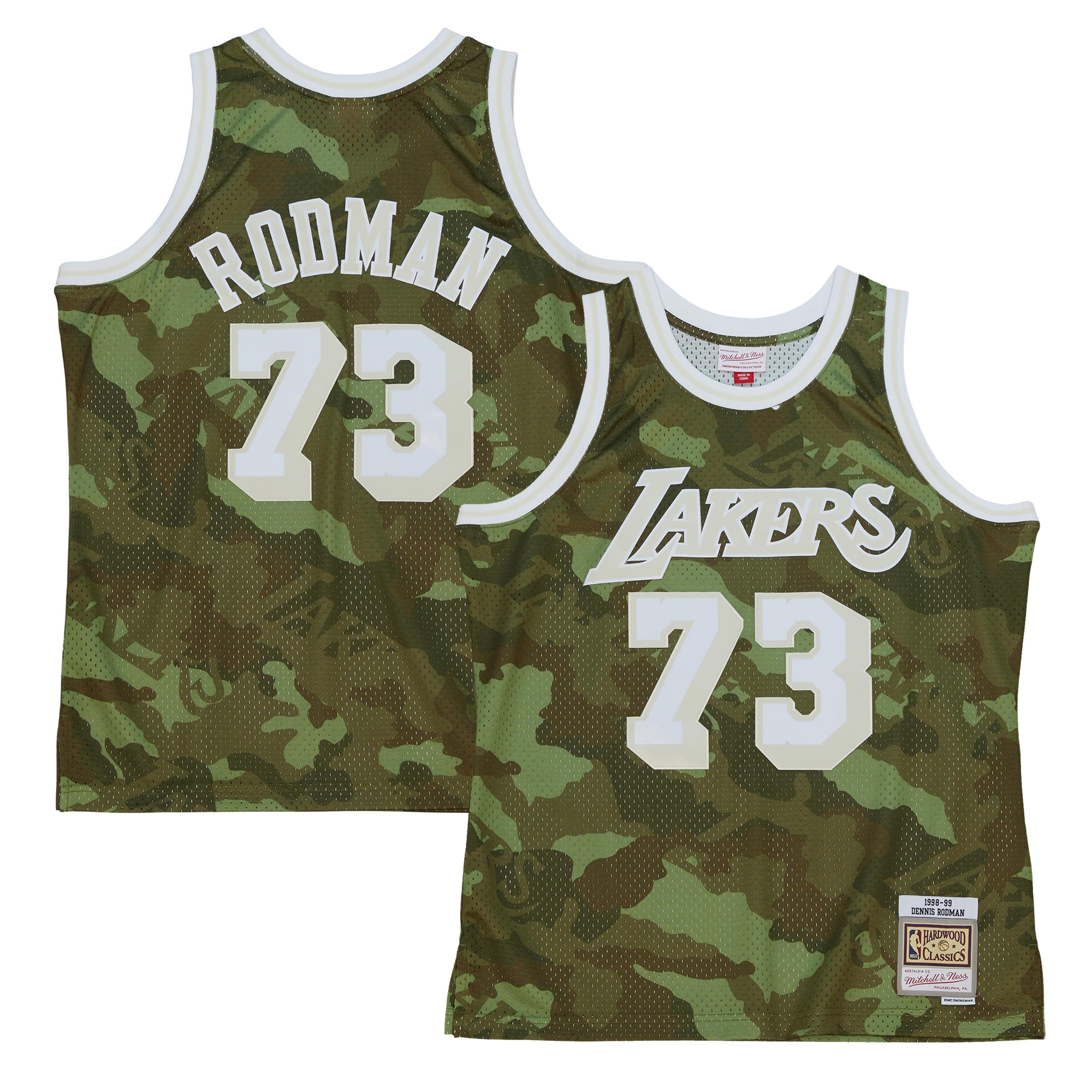 Official Los Angeles Lakers mens los angeles lakers dennis rodman mitchell  ness camo hardwood classics 199899 ghost green swingman jersey | Lakers Shop