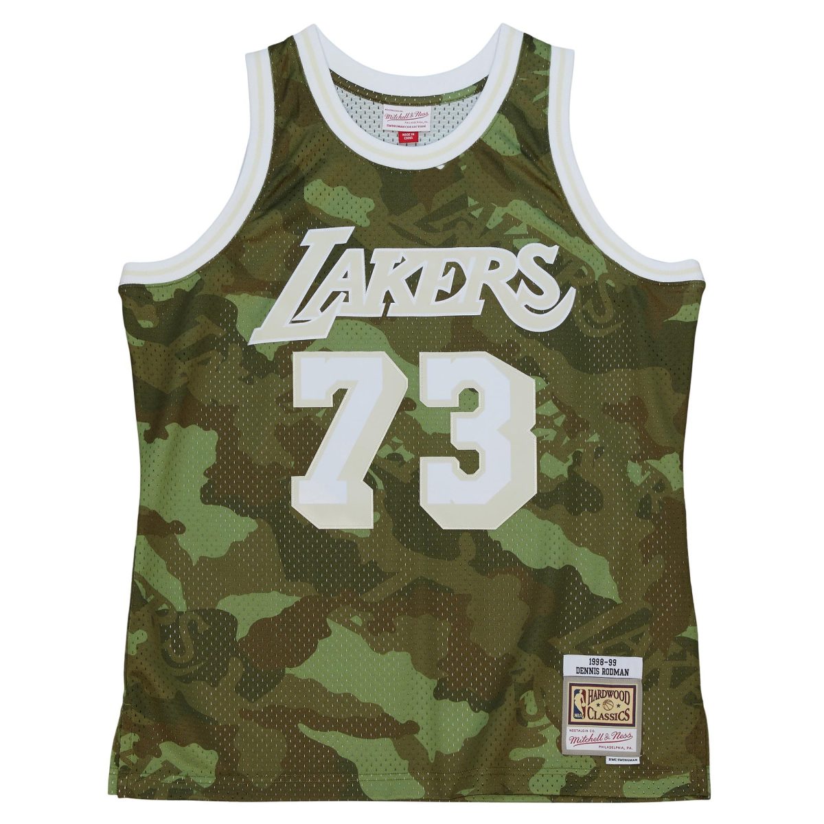 Official Los Angeles Lakers mens los angeles lakers dennis rodman mitchell  ness camo hardwood classics 199899 ghost green swingman jersey | Lakers Shop