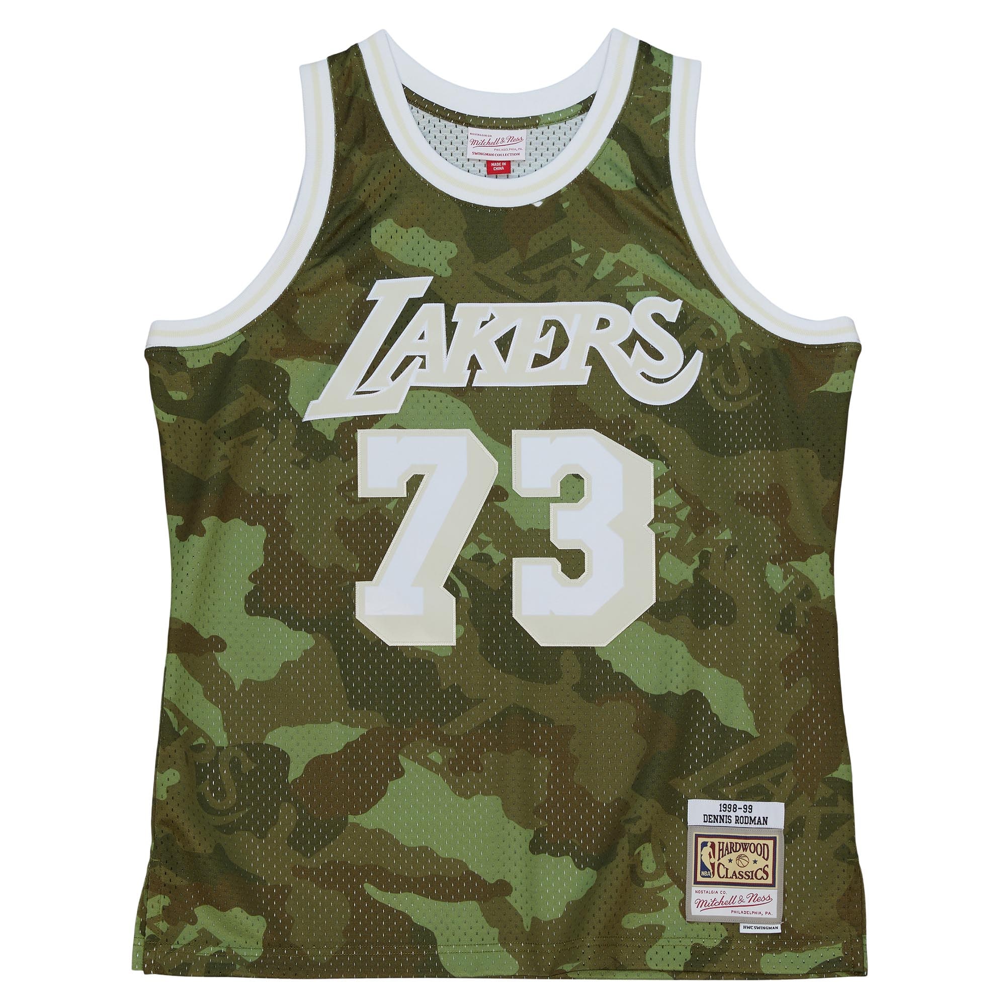 Official Los Angeles Lakers mens los angeles lakers dennis rodman mitchell  ness camo hardwood classics 199899 ghost green swingman jersey | Lakers Shop
