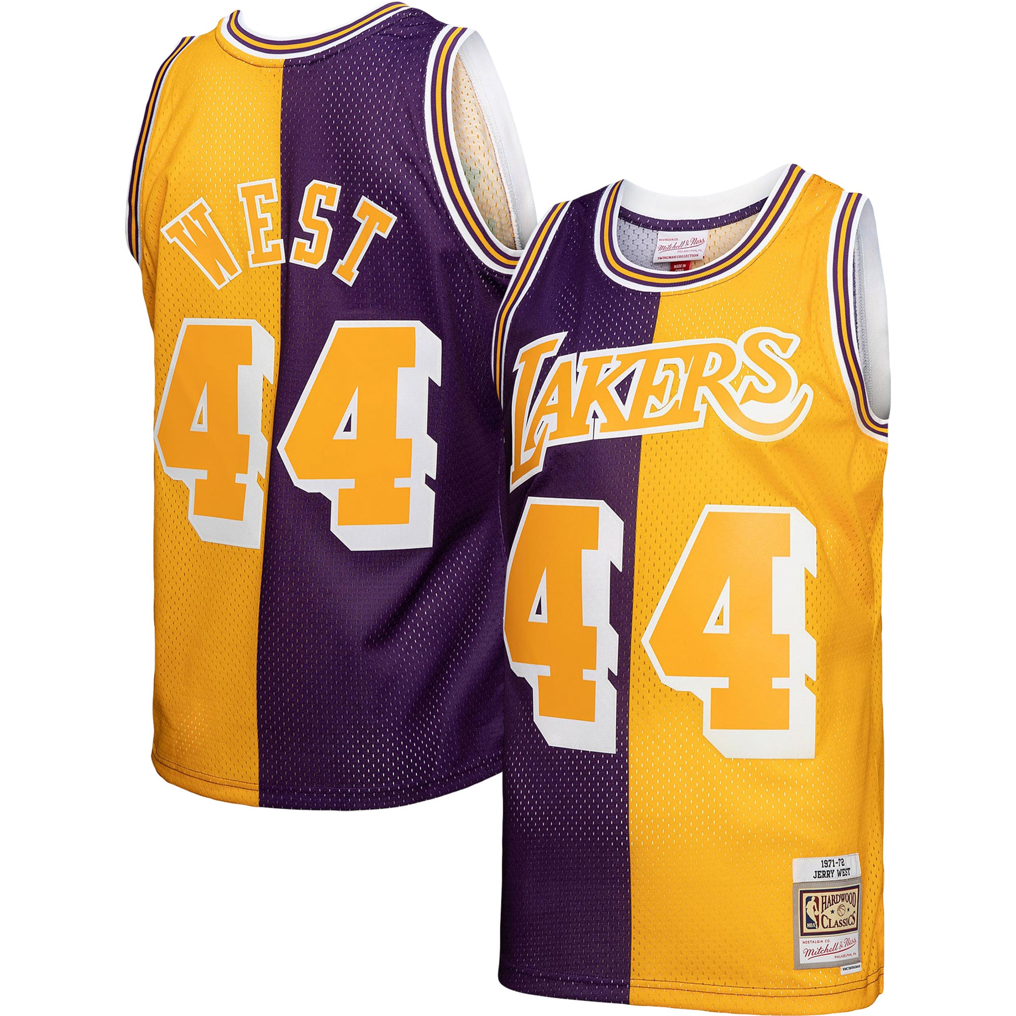Official Los Angeles Lakers mens los angeles lakers jerry west mitchell  ness purplegold hardwood classics 197172 split swingman jersey | Lakers Shop
