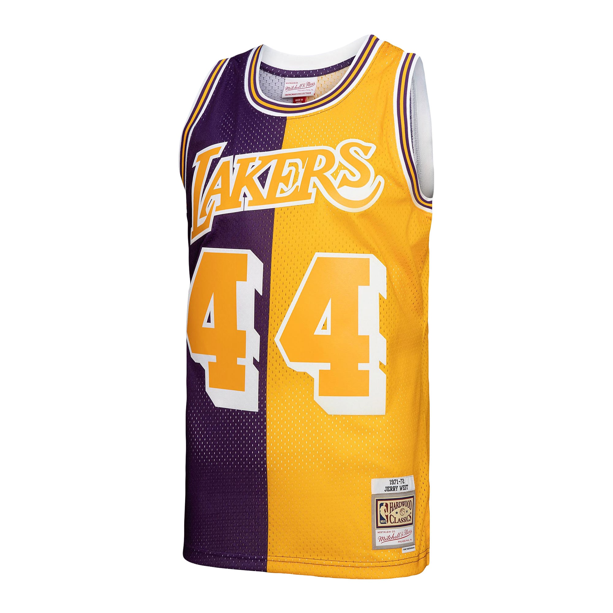 Official Los Angeles Lakers mens los angeles lakers jerry west mitchell  ness purplegold hardwood classics 197172 split swingman jersey | Lakers Shop