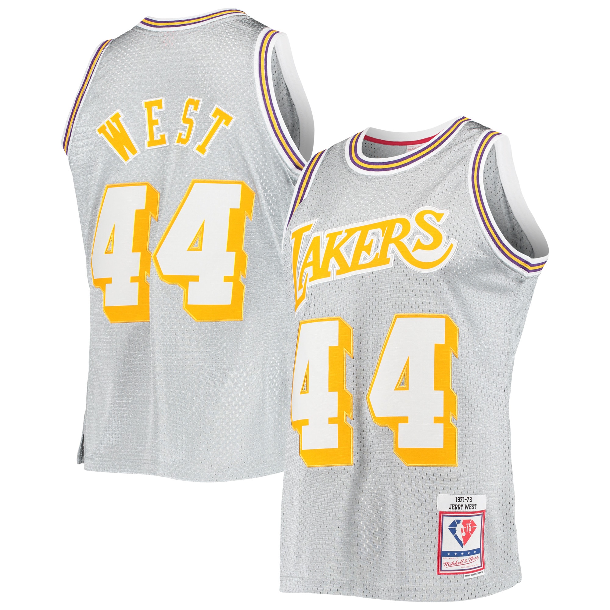 Official Los Angeles Lakers mens los angeles lakers jerry west silver mitchell  ness 75th anniversary 197172 hardwood classics swingman jersey | Lakers Shop