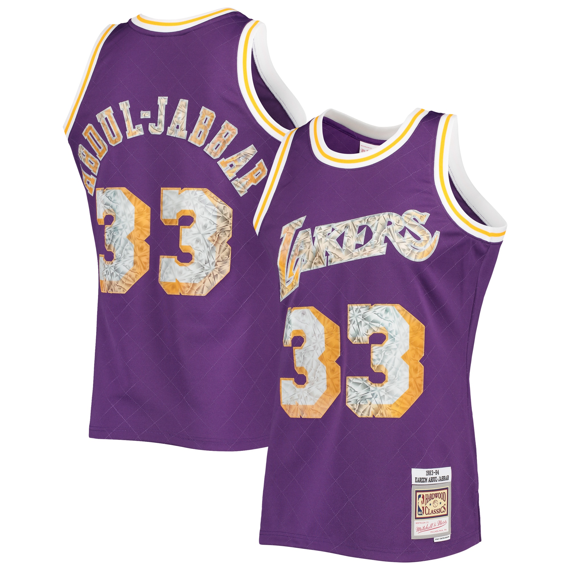 Official Los Angeles Lakers mens los angeles lakers kareem abdul-jabbar mitchell  ness purple 1996-97 hardwood classics nba 75th anniversary diamond swingman jersey | Lakers Shop