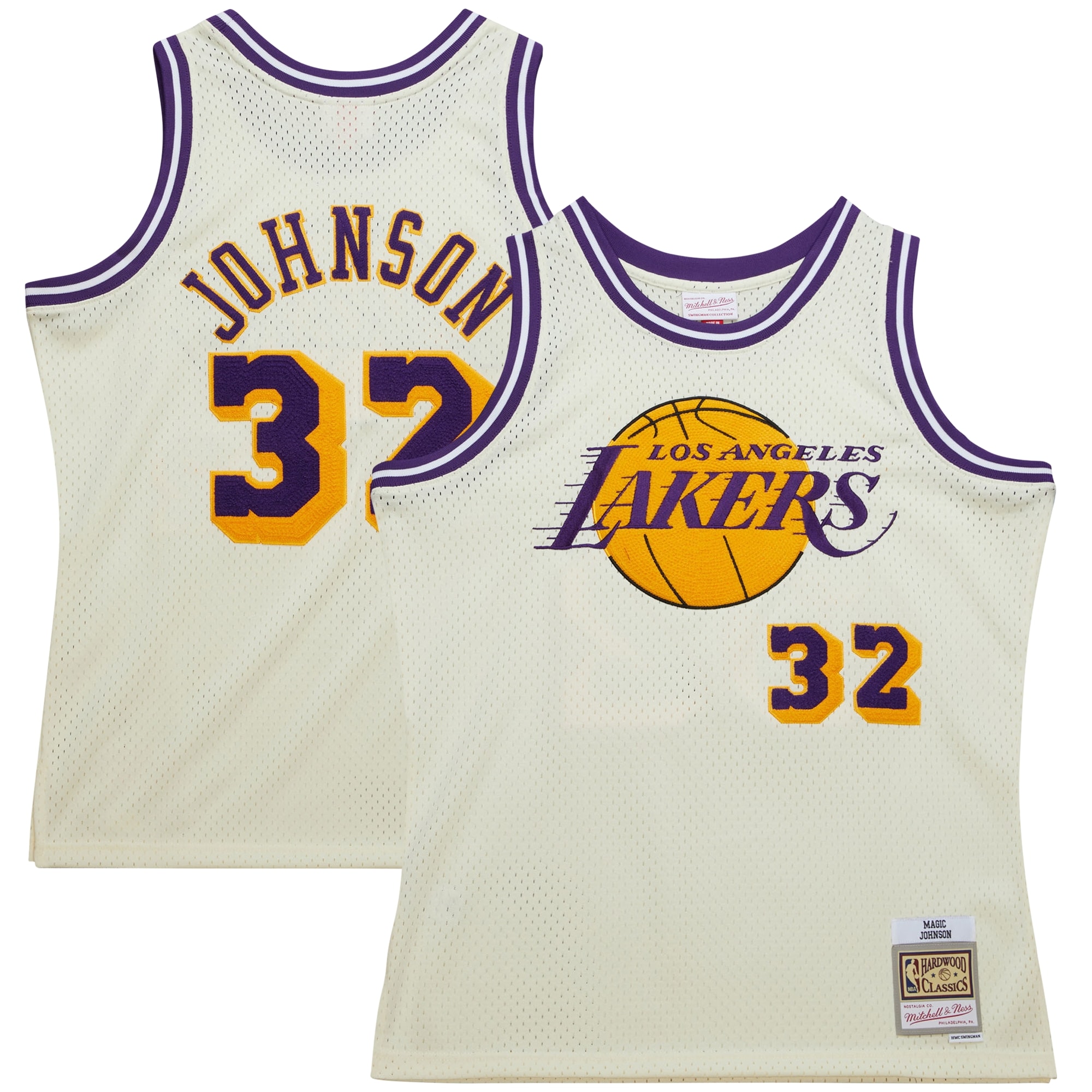 Official Los Angeles Lakers mens los angeles lakers magic johnson mitchell  ness cream chainstitch swingman jersey | Lakers Shop