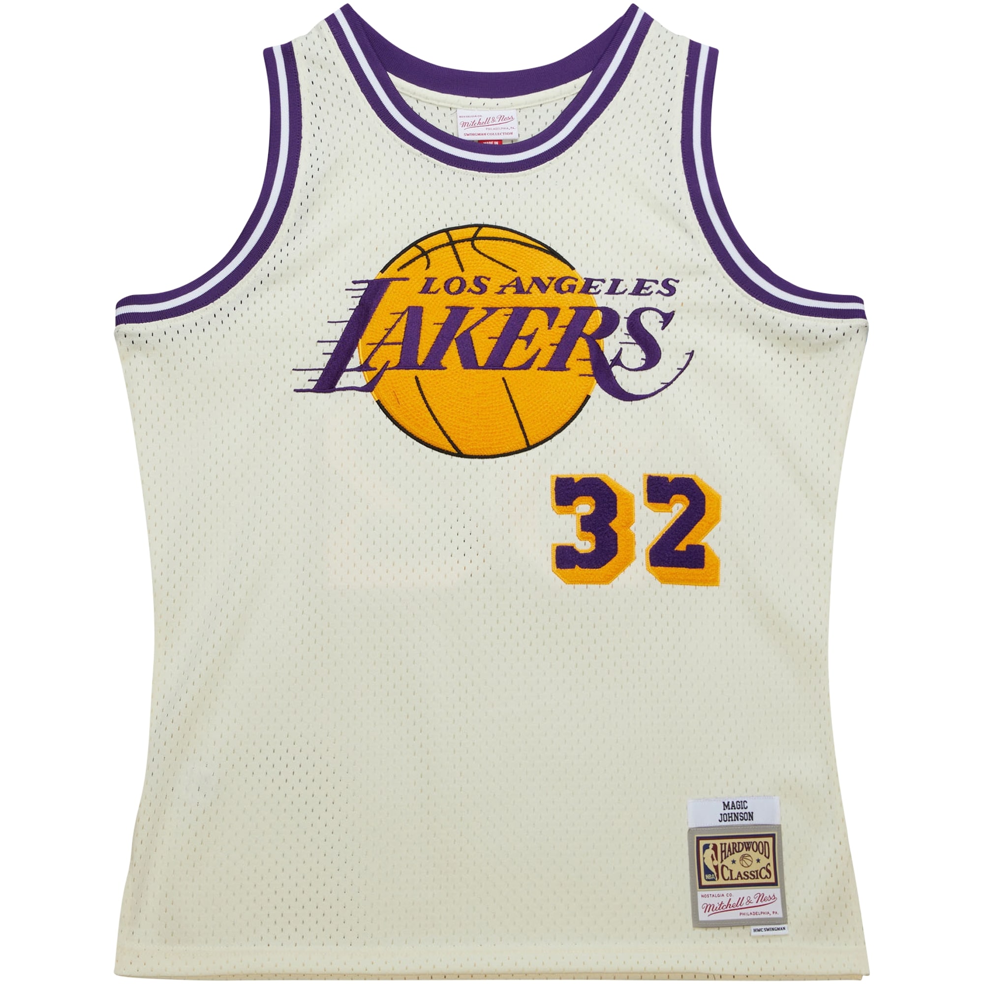 Official Los Angeles Lakers mens los angeles lakers magic johnson mitchell  ness cream chainstitch swingman jersey | Lakers Shop