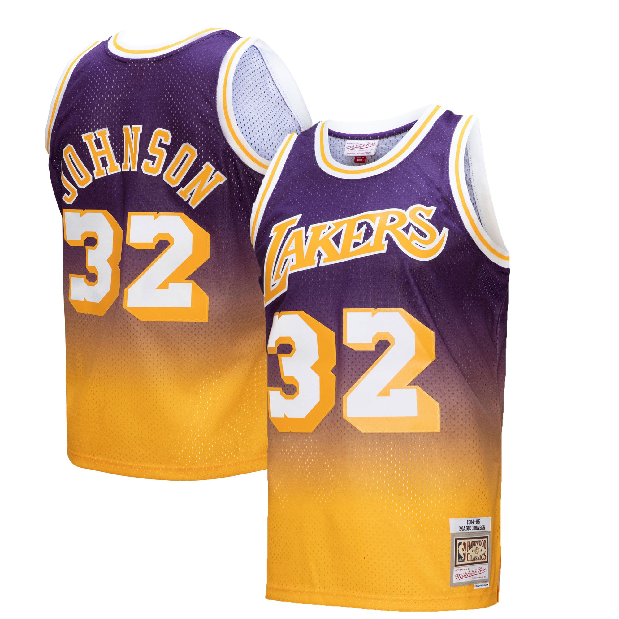 Official Los Angeles Lakers mens los angeles lakers magic johnson mitchell  ness goldpurple 198485 hardwood classics fadeaway swingman player jersey | Lakers Shop