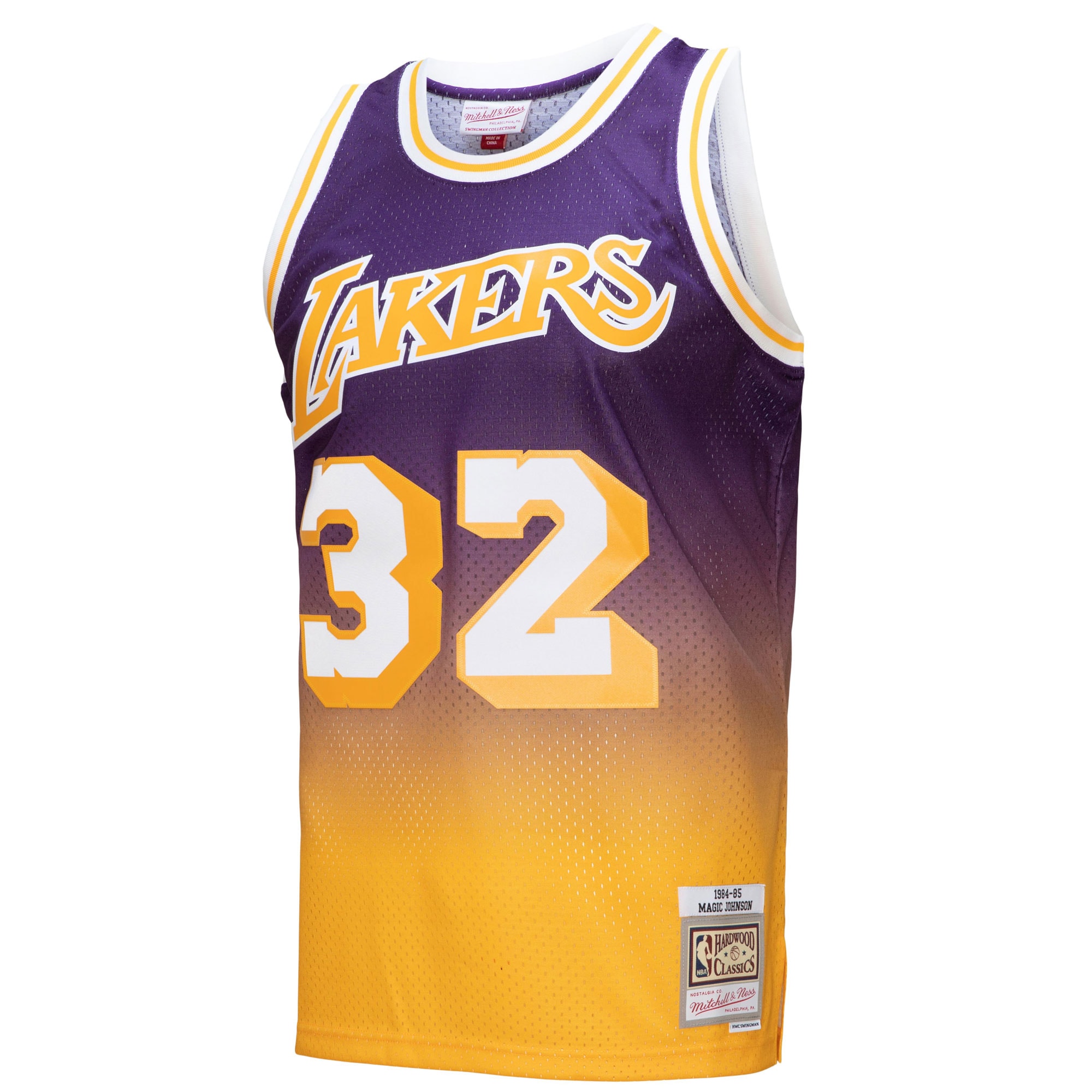 Official Los Angeles Lakers mens los angeles lakers magic johnson mitchell  ness goldpurple 198485 hardwood classics fadeaway swingman player jersey | Lakers Shop