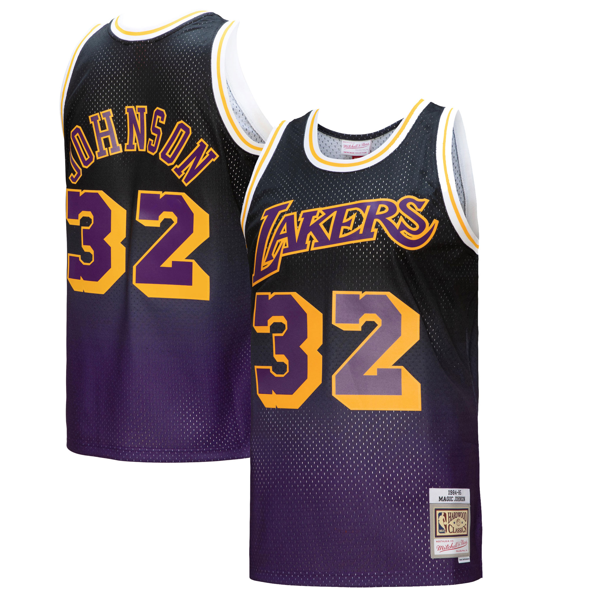 Official Los Angeles Lakers mens los angeles lakers magic johnson mitchell  ness purpleblack 198485 hardwood classics fadeaway swingman player jersey | Lakers Shop