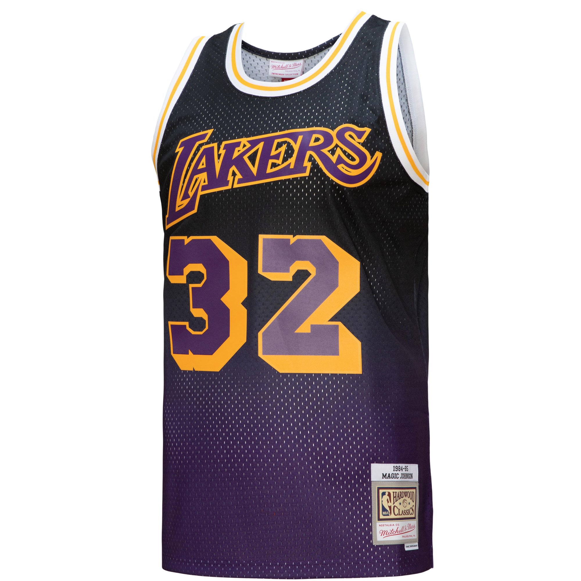 Official Los Angeles Lakers mens los angeles lakers magic johnson mitchell  ness purpleblack 198485 hardwood classics fadeaway swingman player jersey | Lakers Shop