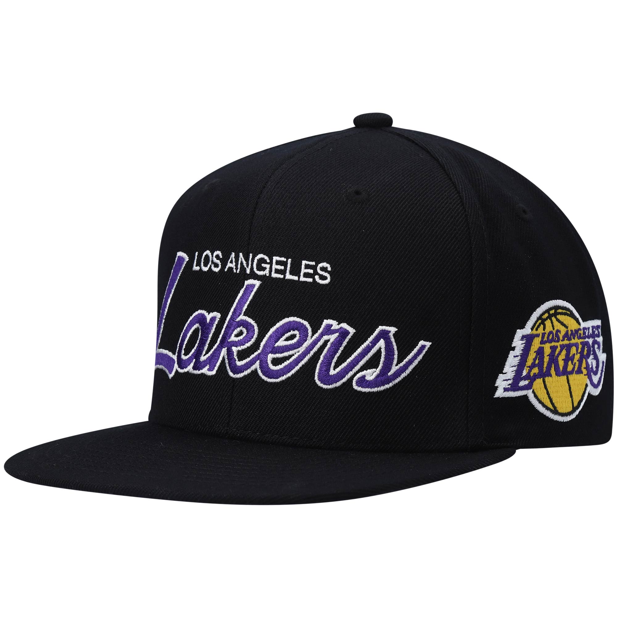 Official Los Angeles Lakers mens los angeles lakers mitchell  ness black hardwood classics script 2.0 snapback hat | Lakers Shop