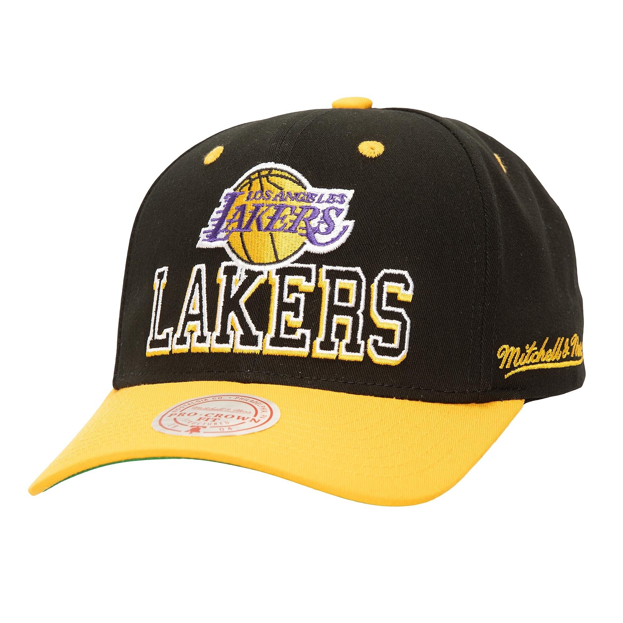 Official Los Angeles Lakers mens los angeles lakers mitchell  ness blackgold backside script 2-tone pro crown adjustable hat | Lakers Shop
