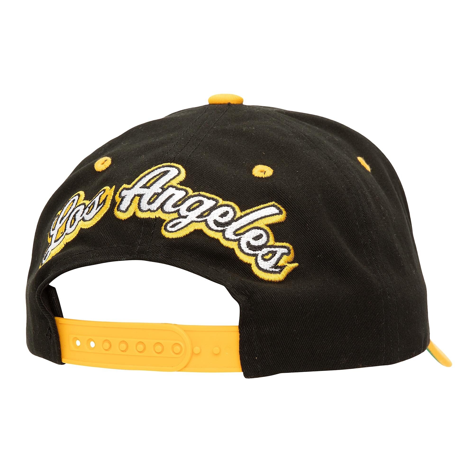Official Los Angeles Lakers mens los angeles lakers mitchell  ness blackgold backside script 2-tone pro crown adjustable hat | Lakers Shop