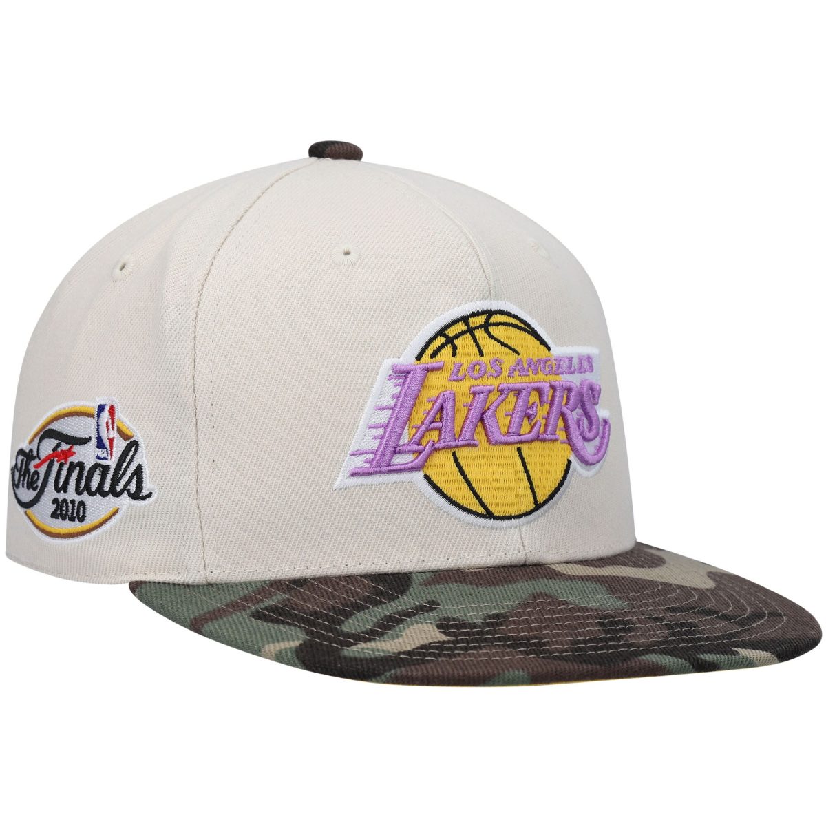 Official Los Angeles Lakers mens los angeles lakers mitchell  ness cream hardwood classics 2010 nba finals patch off white camo fitted hat | Lakers Shop