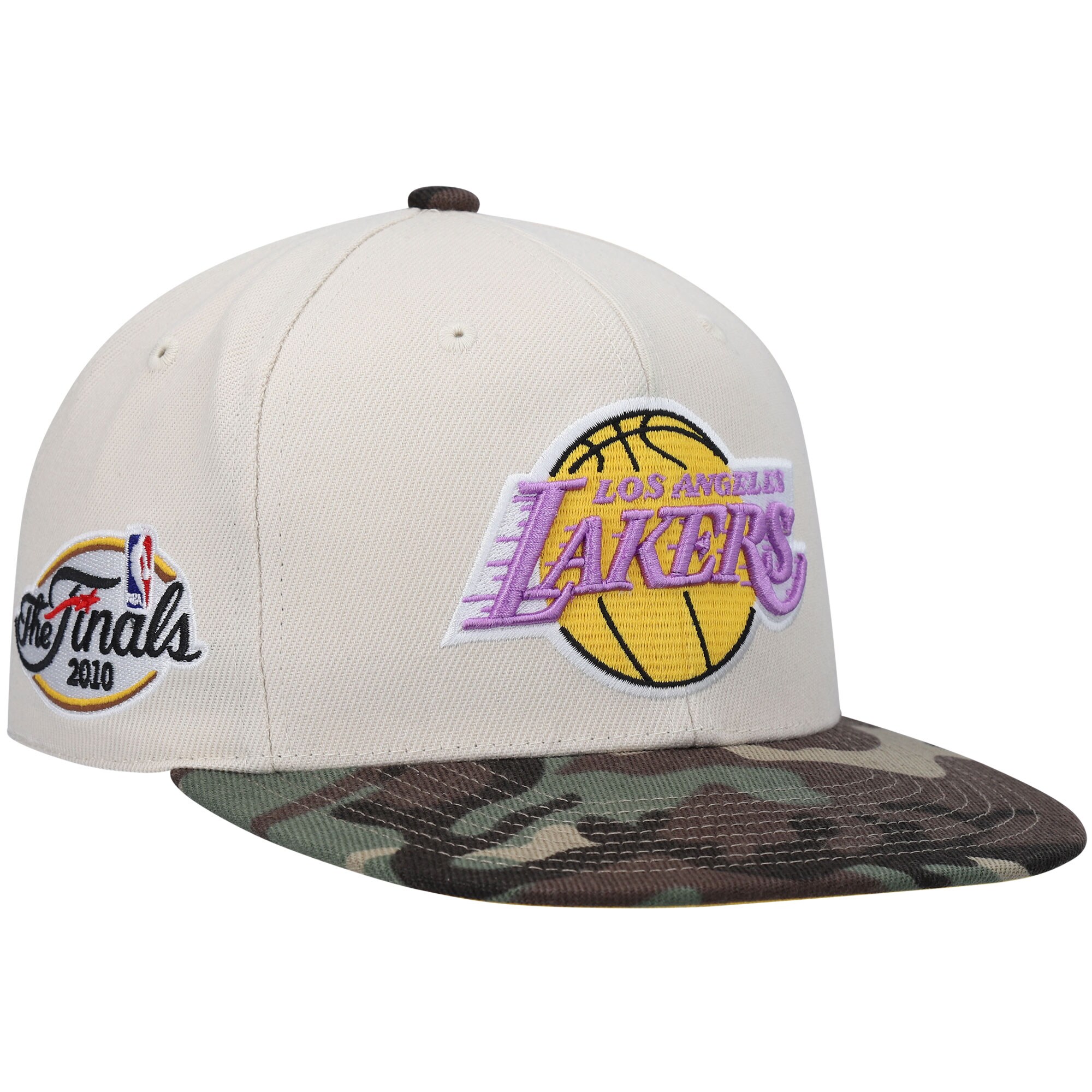 Official Los Angeles Lakers mens los angeles lakers mitchell  ness cream hardwood classics 2010 nba finals patch off white camo fitted hat | Lakers Shop
