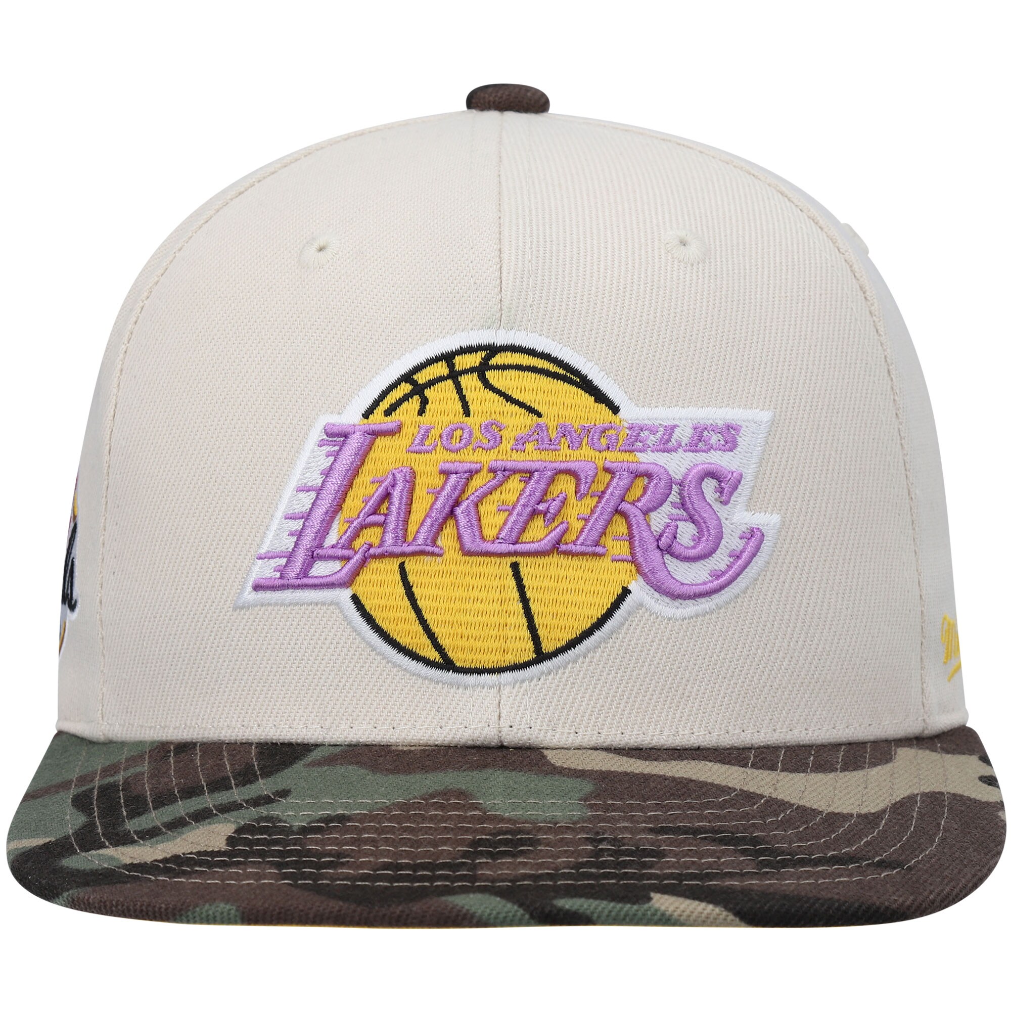 Official Los Angeles Lakers mens los angeles lakers mitchell  ness cream hardwood classics 2010 nba finals patch off white camo fitted hat | Lakers Shop