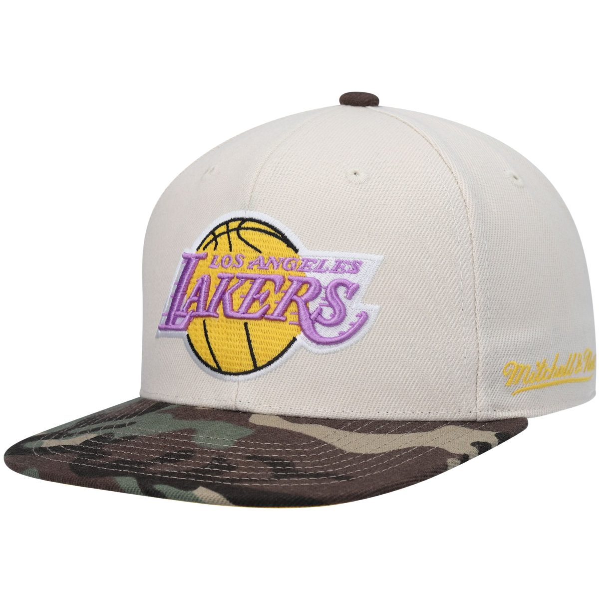 Official Los Angeles Lakers mens los angeles lakers mitchell  ness cream hardwood classics 2010 nba finals patch off white camo fitted hat | Lakers Shop