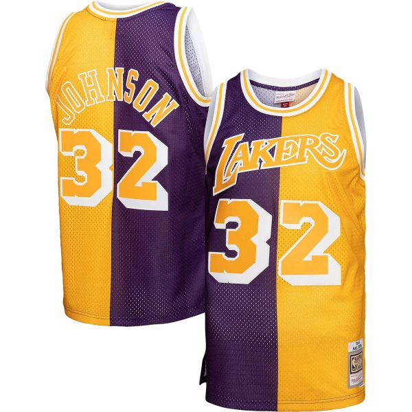 Official Los Angeles Lakers mens los angeles lakers mitchell  ness purplegold big  tall hardwood classics 198485 split swingman jersey | Lakers Shop