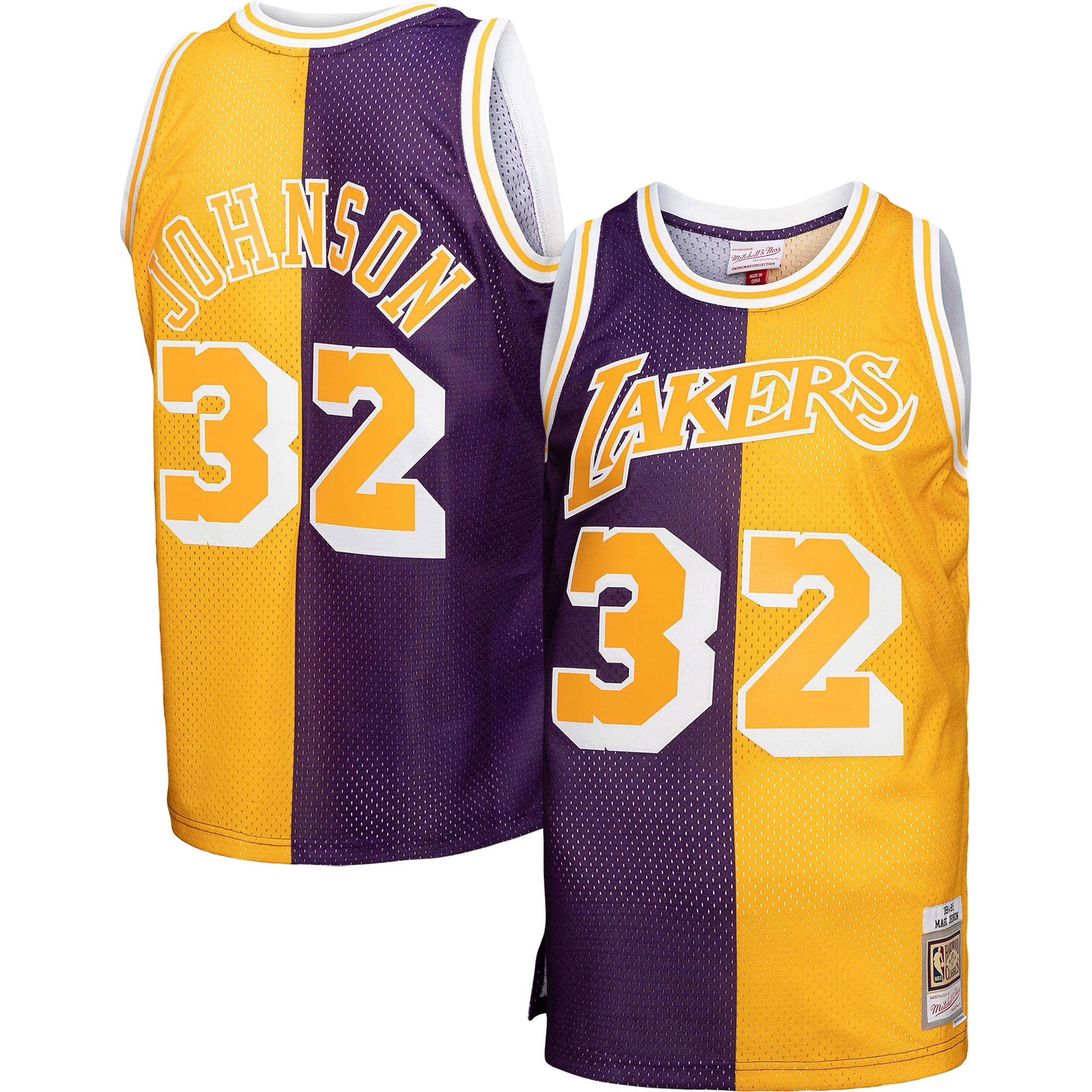 Official Los Angeles Lakers mens los angeles lakers mitchell  ness purplegold big  tall hardwood classics 198485 split swingman jersey | Lakers Shop