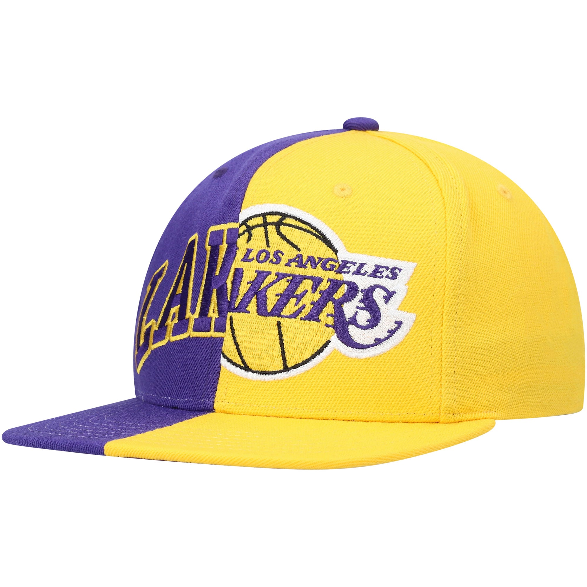 Official Los Angeles Lakers mens los angeles lakers mitchell  ness purplegold half and half snapback hat | Lakers Shop