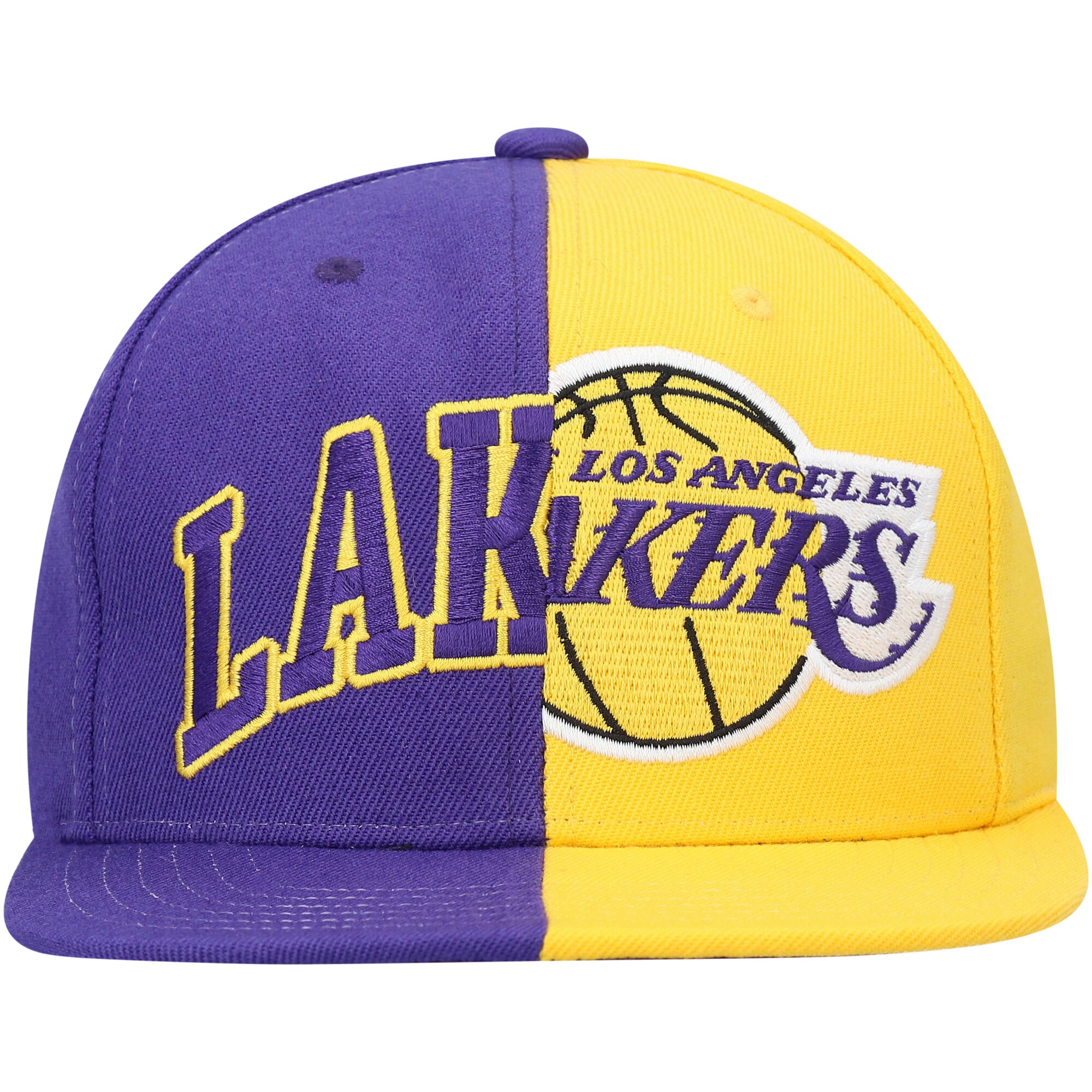 Official Los Angeles Lakers mens los angeles lakers mitchell  ness purplegold half and half snapback hat | Lakers Shop