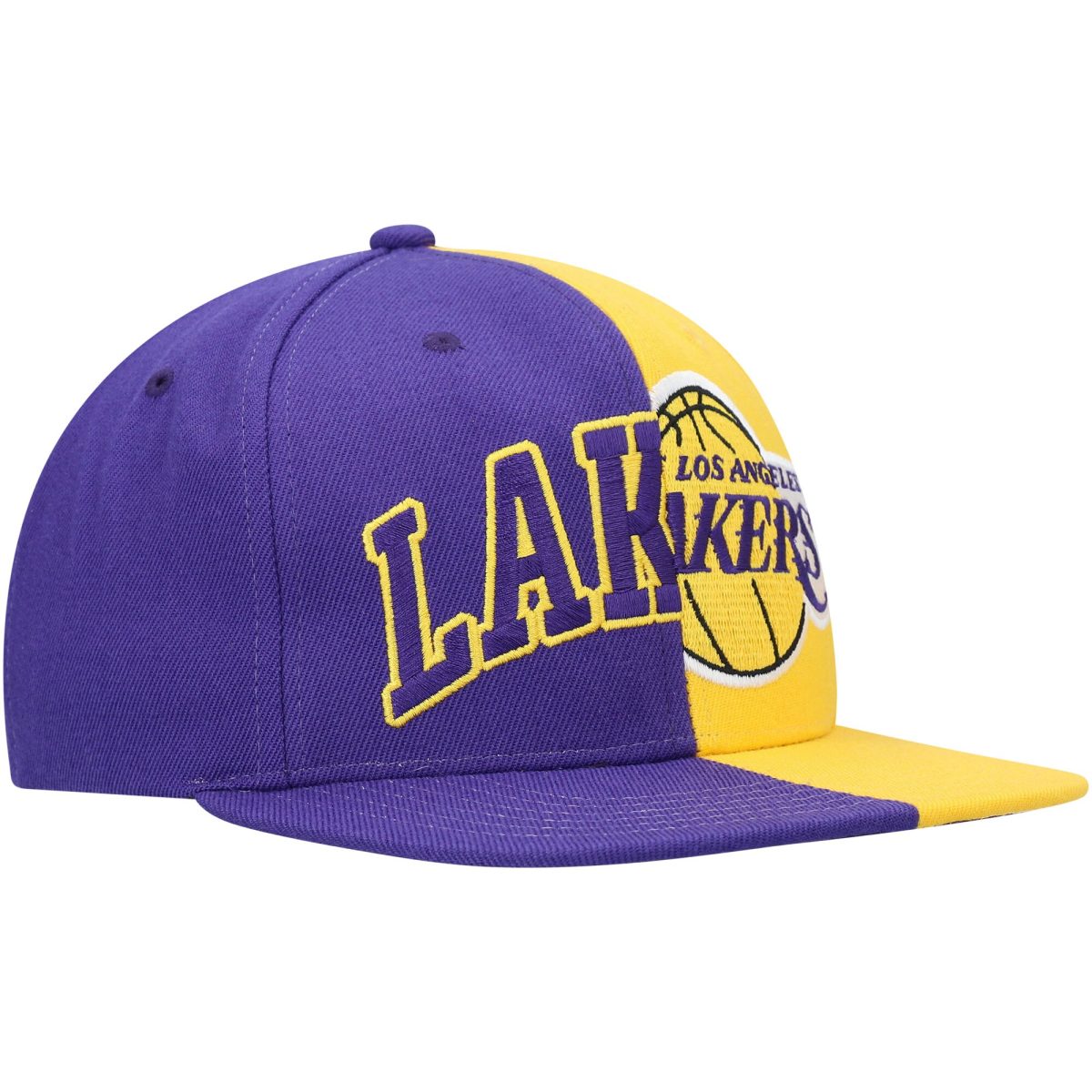 Official Los Angeles Lakers mens los angeles lakers mitchell  ness purplegold half and half snapback hat | Lakers Shop