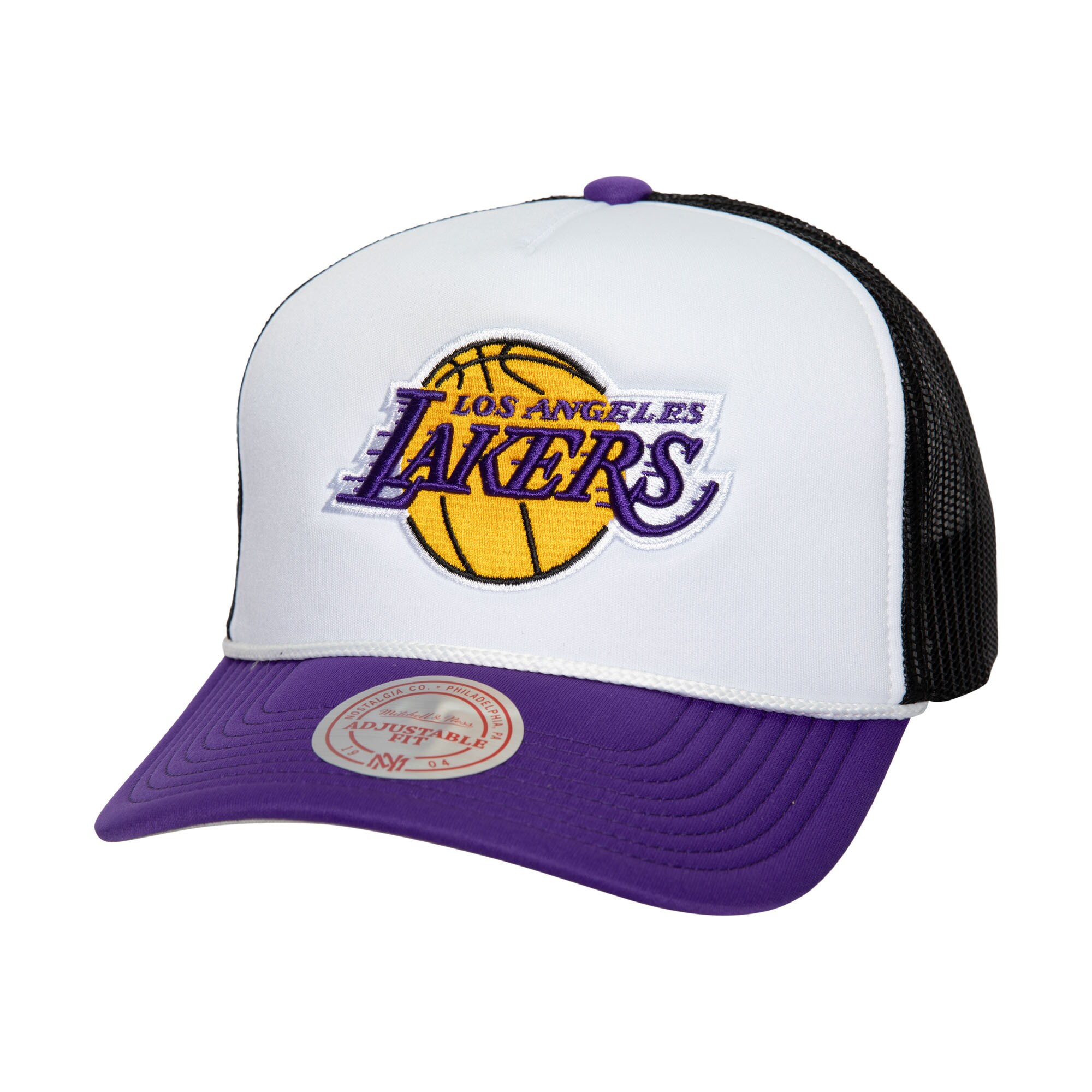 Official Los Angeles Lakers mens los angeles lakers mitchell  ness white hardwood classics blocker foam front trucker snapback hat | Lakers Shop