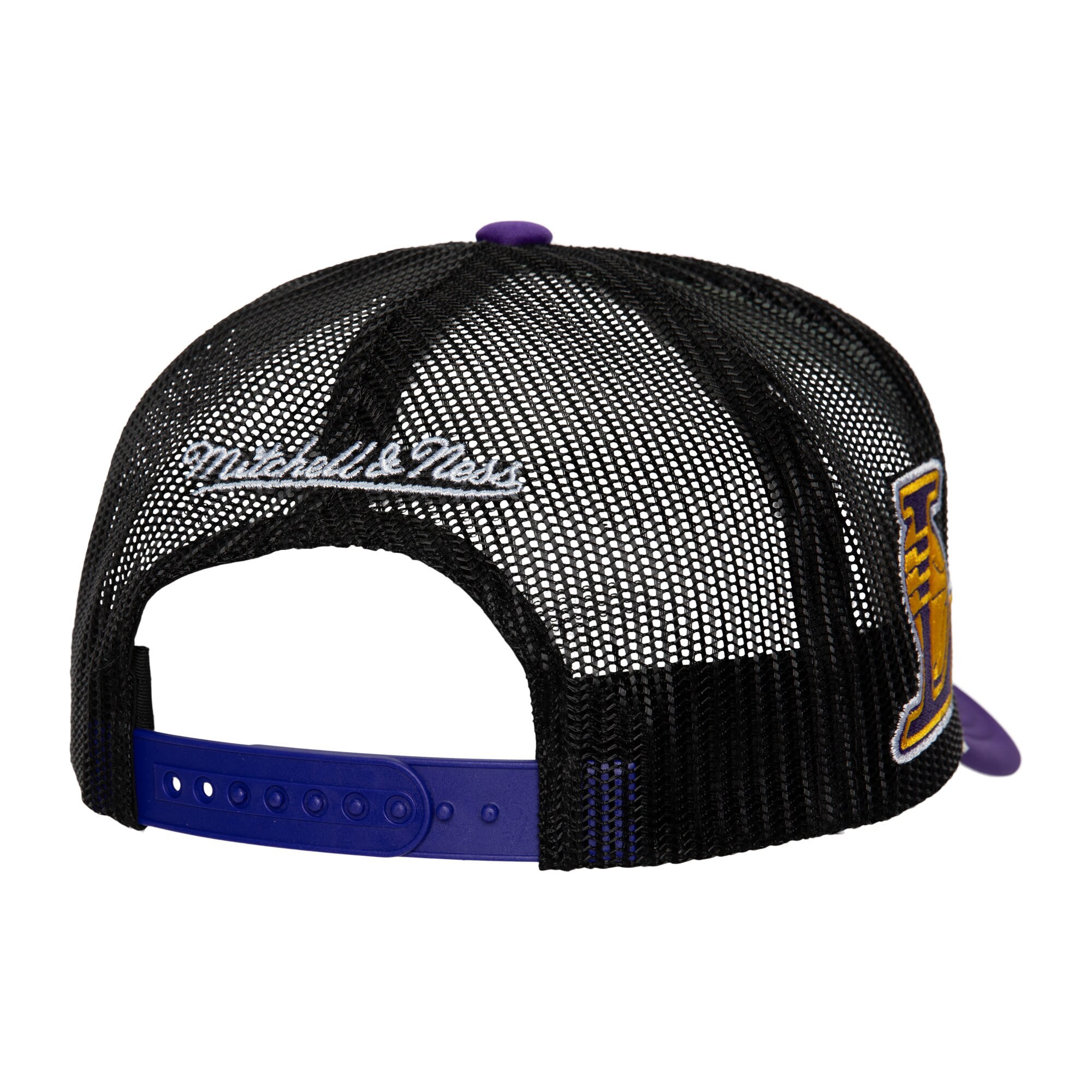 Official Los Angeles Lakers mens los angeles lakers mitchell  ness white hardwood classics blocker foam front trucker snapback hat | Lakers Shop