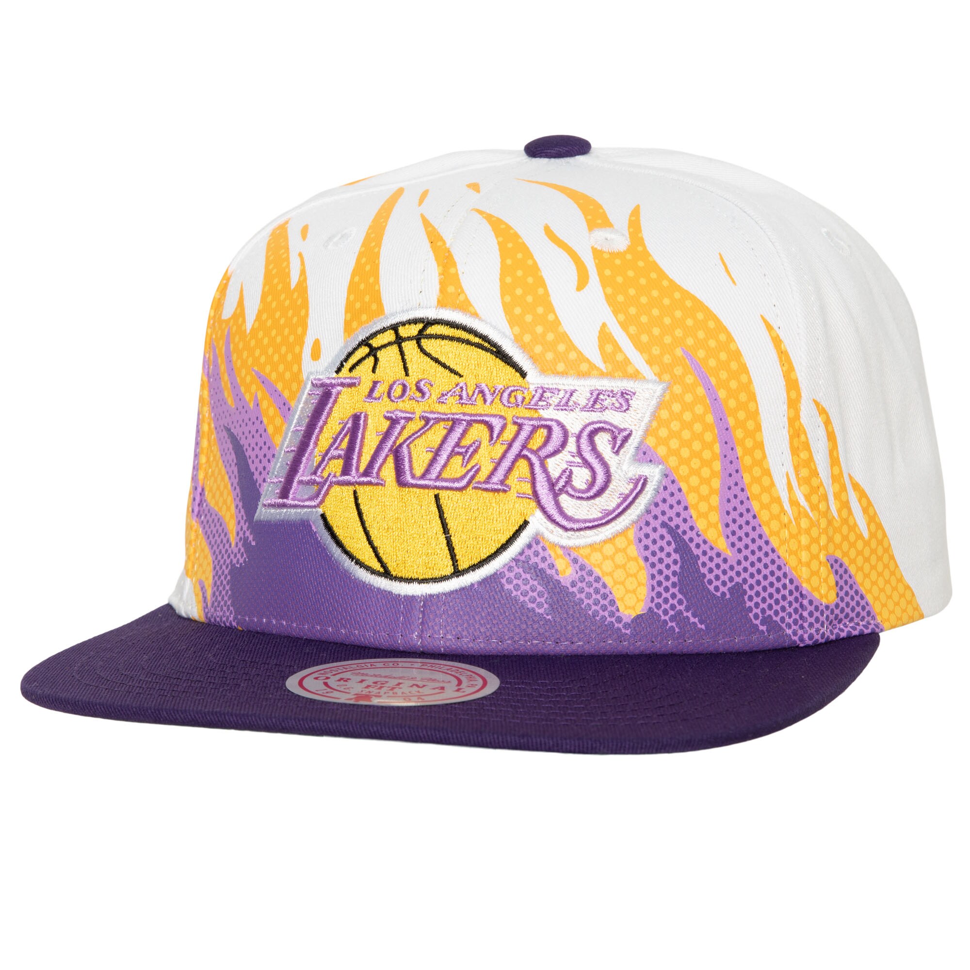 Official Los Angeles Lakers mens los angeles lakers mitchell  ness white hot fire snapback hat | Lakers Shop