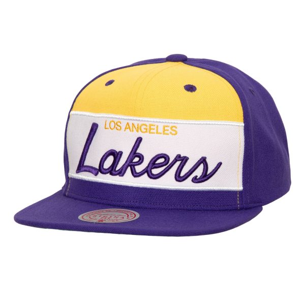 Official Los Angeles Lakers mens los angeles lakers mitchell  ness whitepurple retro sport color block script snapback hat | Lakers Shop
