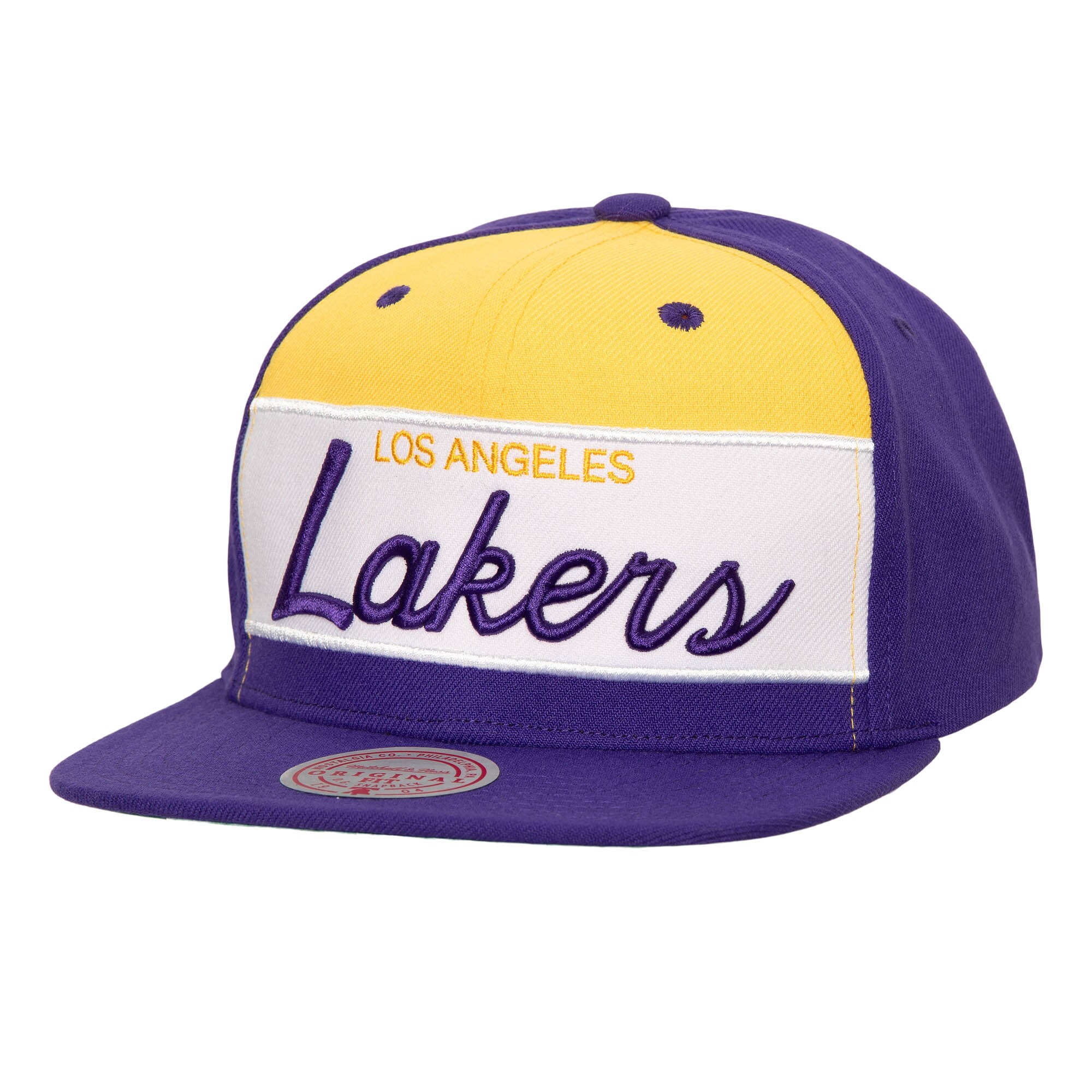 Official Los Angeles Lakers mens los angeles lakers mitchell  ness whitepurple retro sport color block script snapback hat | Lakers Shop
