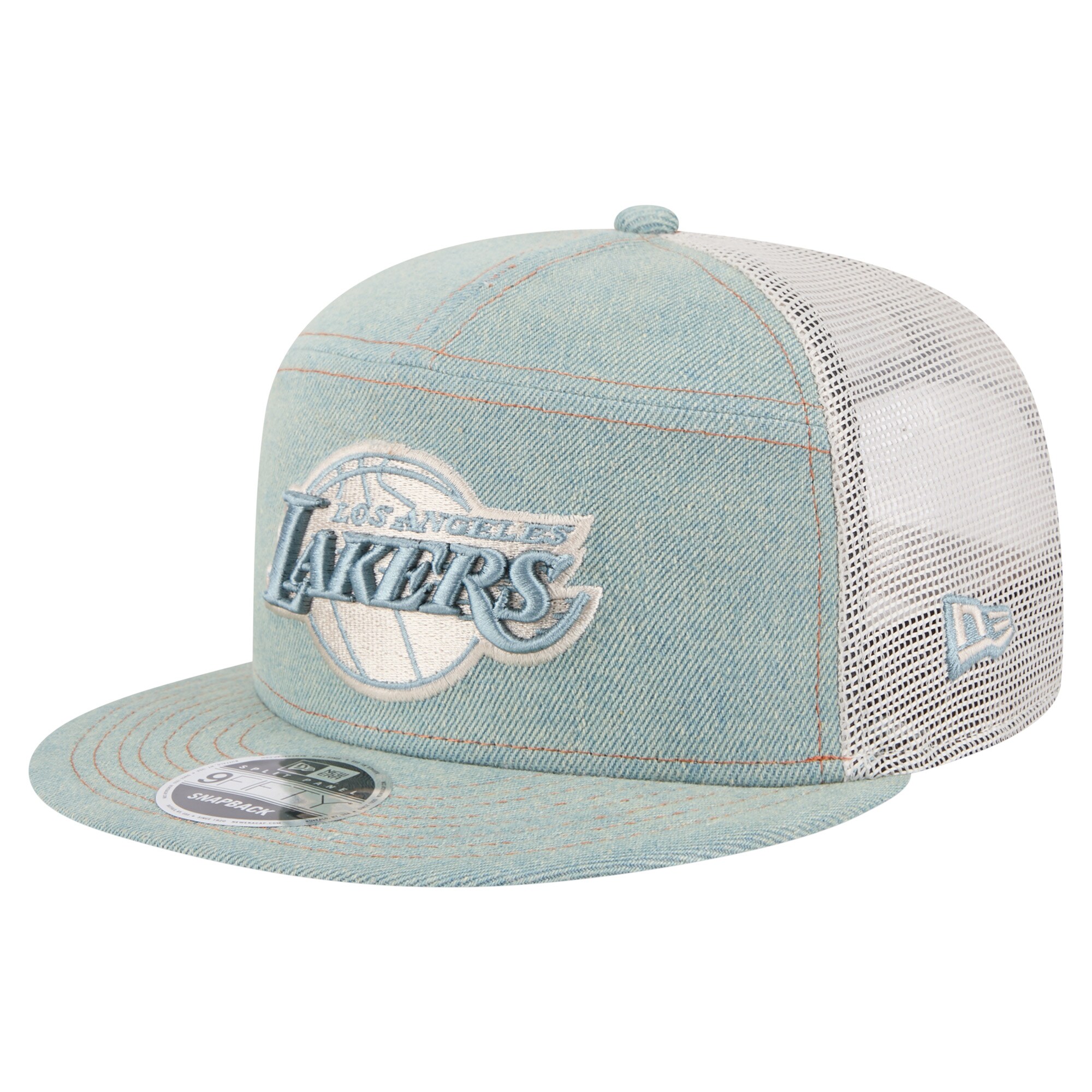 Official Los Angeles Lakers mens los angeles lakers new era adventure denim split panel 9fifty snapback trucker hat | Lakers Shop