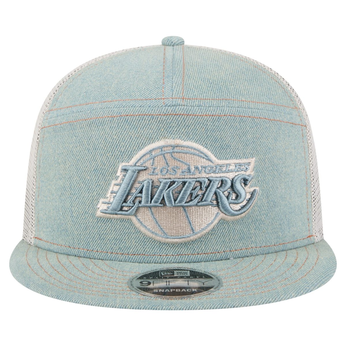 Official Los Angeles Lakers mens los angeles lakers new era adventure denim split panel 9fifty snapback trucker hat | Lakers Shop