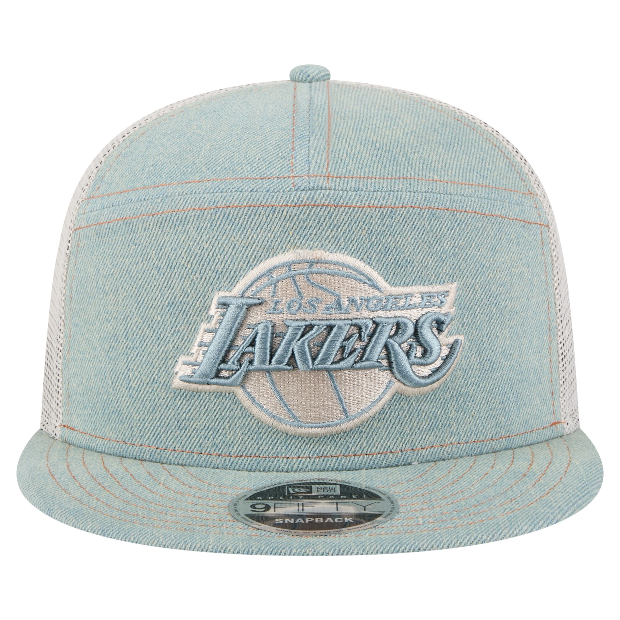 Official Los Angeles Lakers mens los angeles lakers new era adventure denim split panel 9fifty snapback trucker hat | Lakers Shop