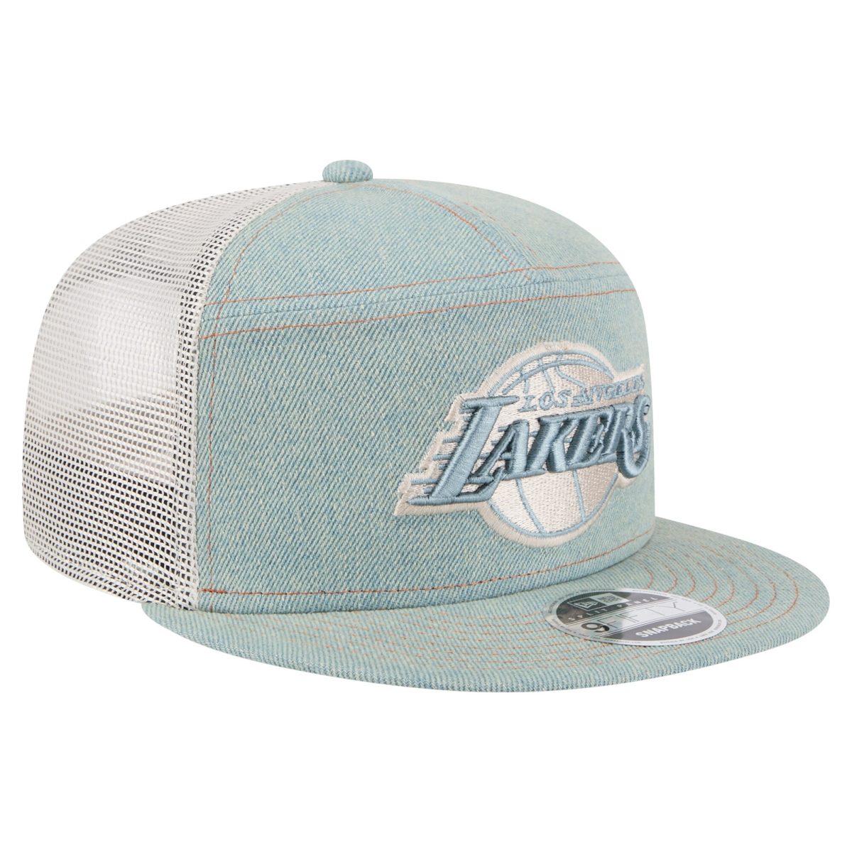 Official Los Angeles Lakers mens los angeles lakers new era adventure denim split panel 9fifty snapback trucker hat | Lakers Shop