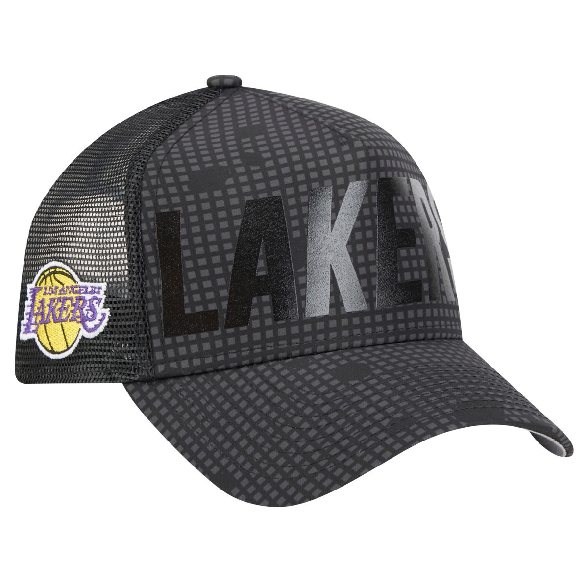Official Los Angeles Lakers mens los angeles lakers new era black midnight ink tonal a-frame trucker 9forty adjustable hat | Lakers Shop