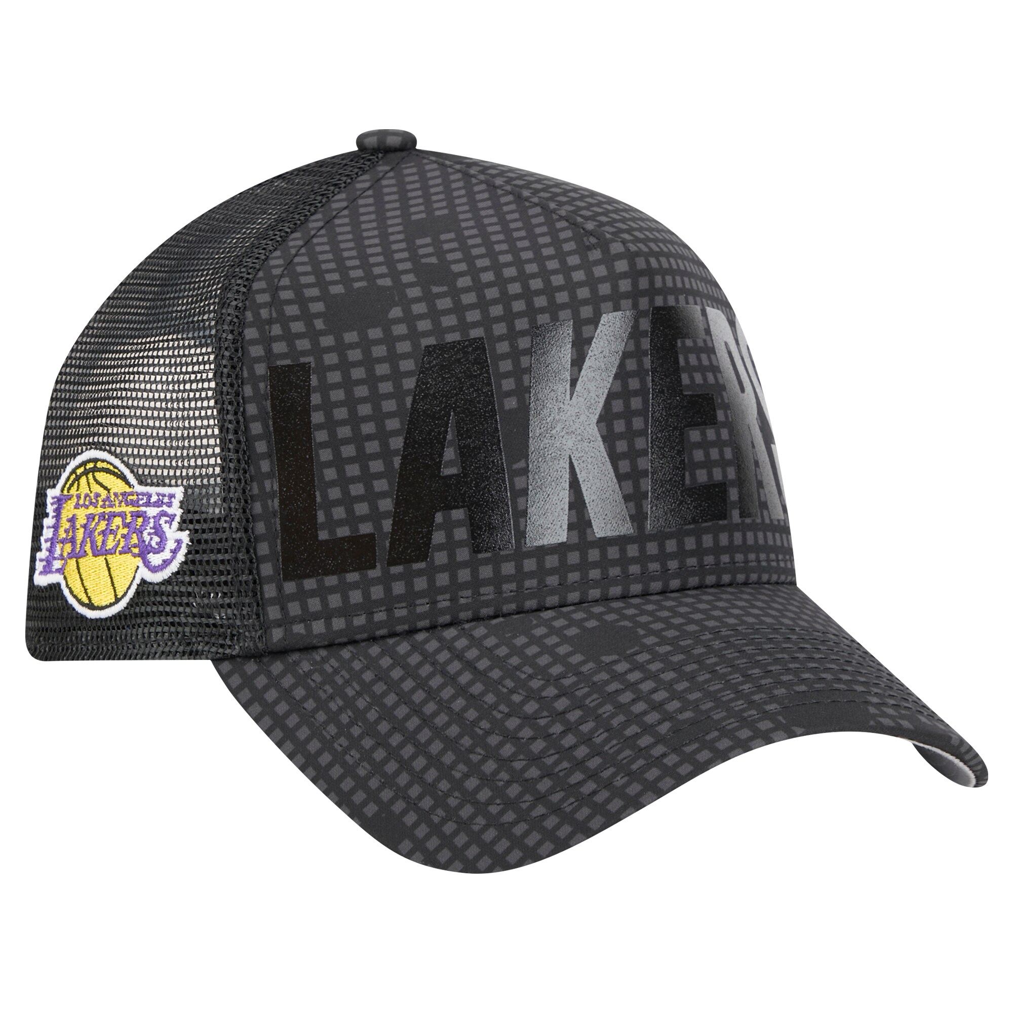 Official Los Angeles Lakers mens los angeles lakers new era black midnight ink tonal a-frame trucker 9forty adjustable hat | Lakers Shop