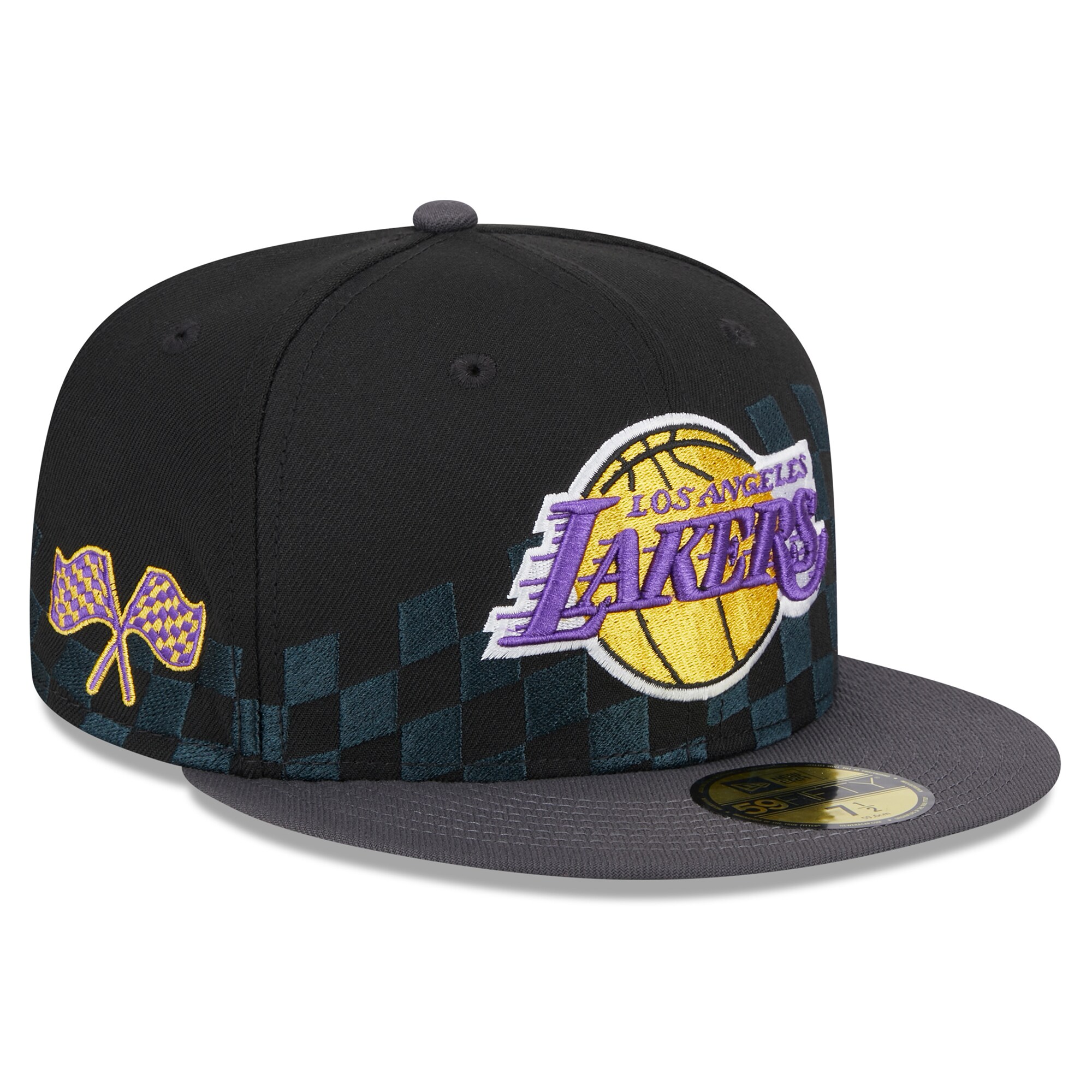 Official Los Angeles Lakers mens los angeles lakers new era black rally drive checkerboard 59fifty crown fitted hat | Lakers Shop