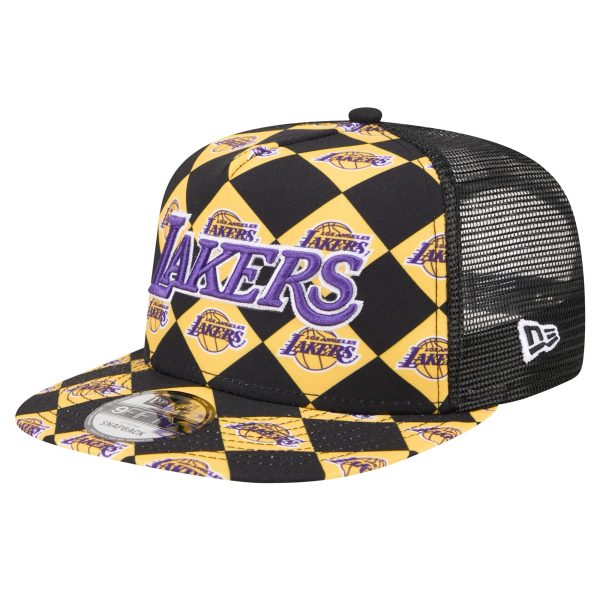 Official Los Angeles Lakers mens los angeles lakers new era black seeing diamonds a-frame trucker 9fifty snapback hat | Lakers Shop