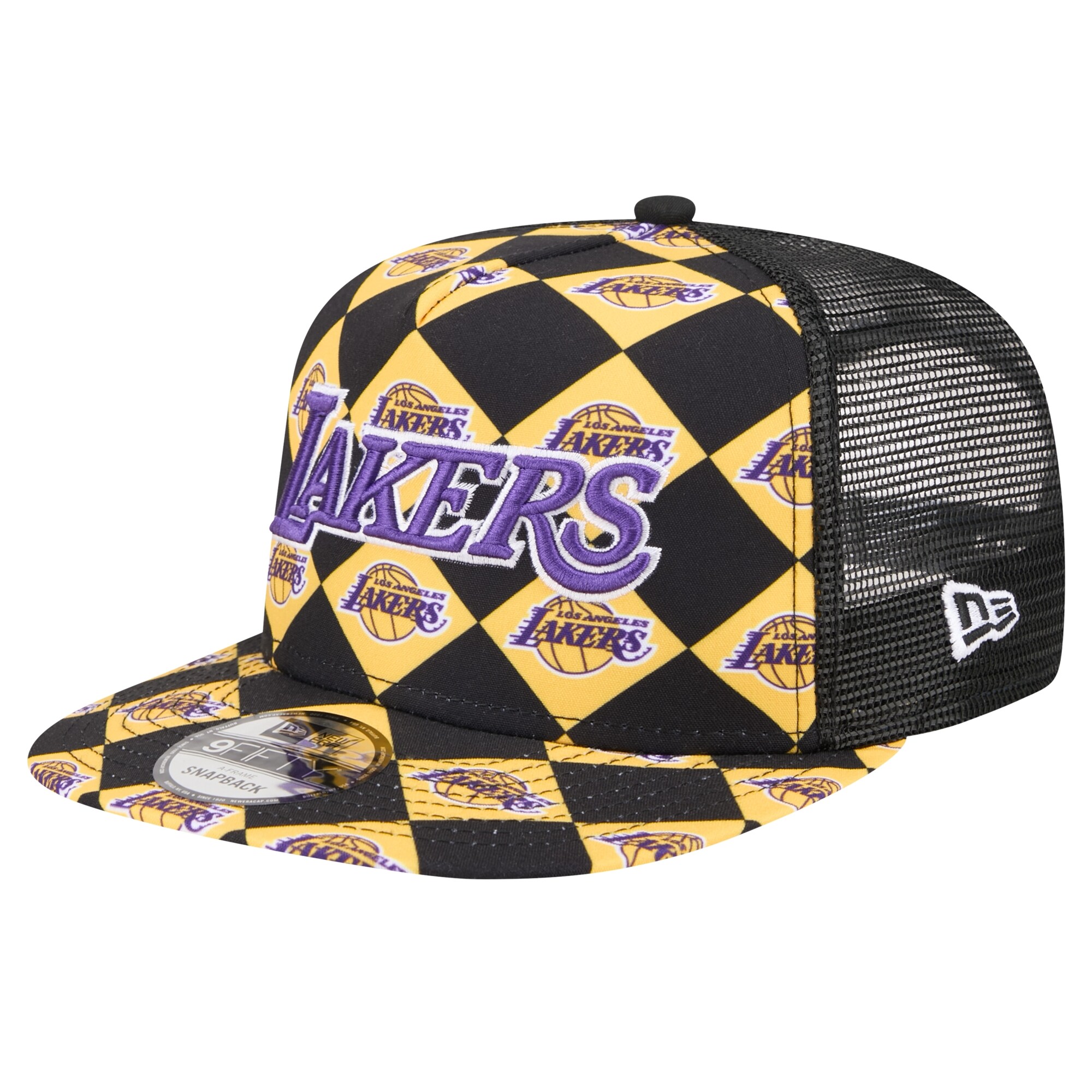 Official Los Angeles Lakers mens los angeles lakers new era black seeing diamonds a-frame trucker 9fifty snapback hat | Lakers Shop