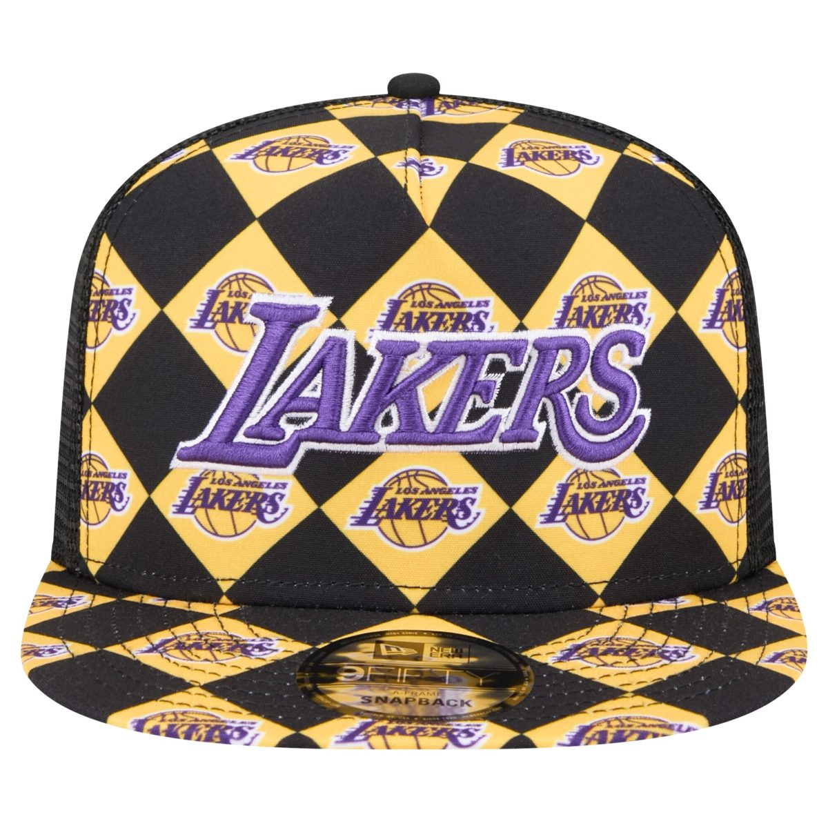 Official Los Angeles Lakers mens los angeles lakers new era black seeing diamonds a-frame trucker 9fifty snapback hat | Lakers Shop