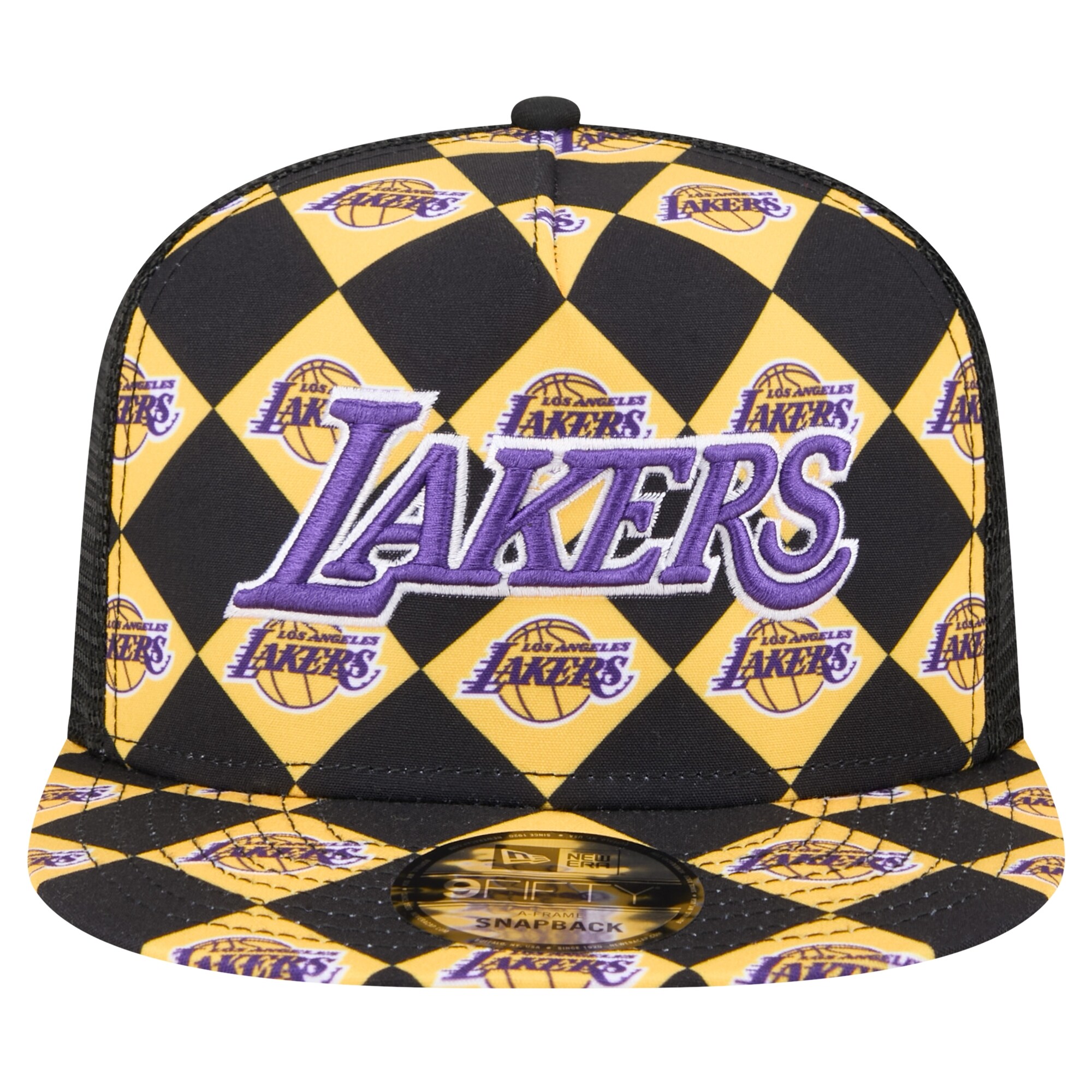 Official Los Angeles Lakers mens los angeles lakers new era black seeing diamonds a-frame trucker 9fifty snapback hat | Lakers Shop