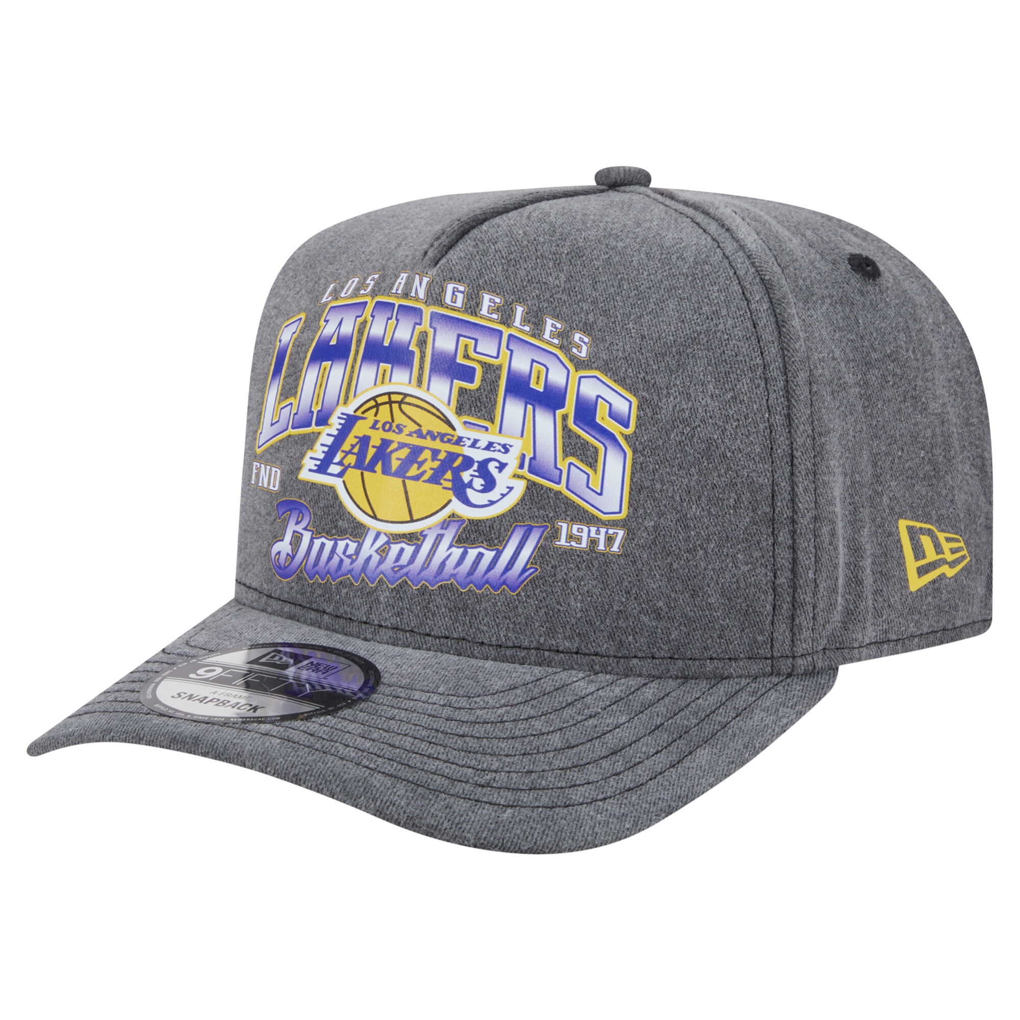 Official Los Angeles Lakers mens los angeles lakers new era charcoal throwback washed pre-curved 9fifty snapback hat | Lakers Shop