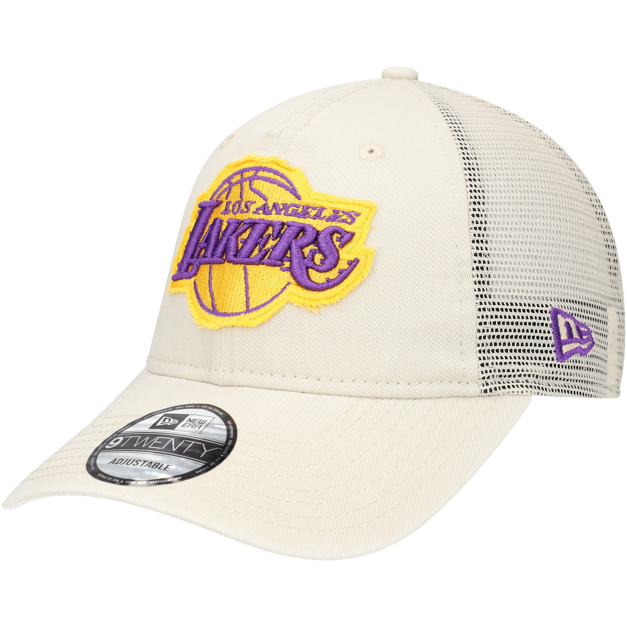Official Los Angeles Lakers mens los angeles lakers new era cream rough edge logo trucker 9twenty adjustable hat | Lakers Shop