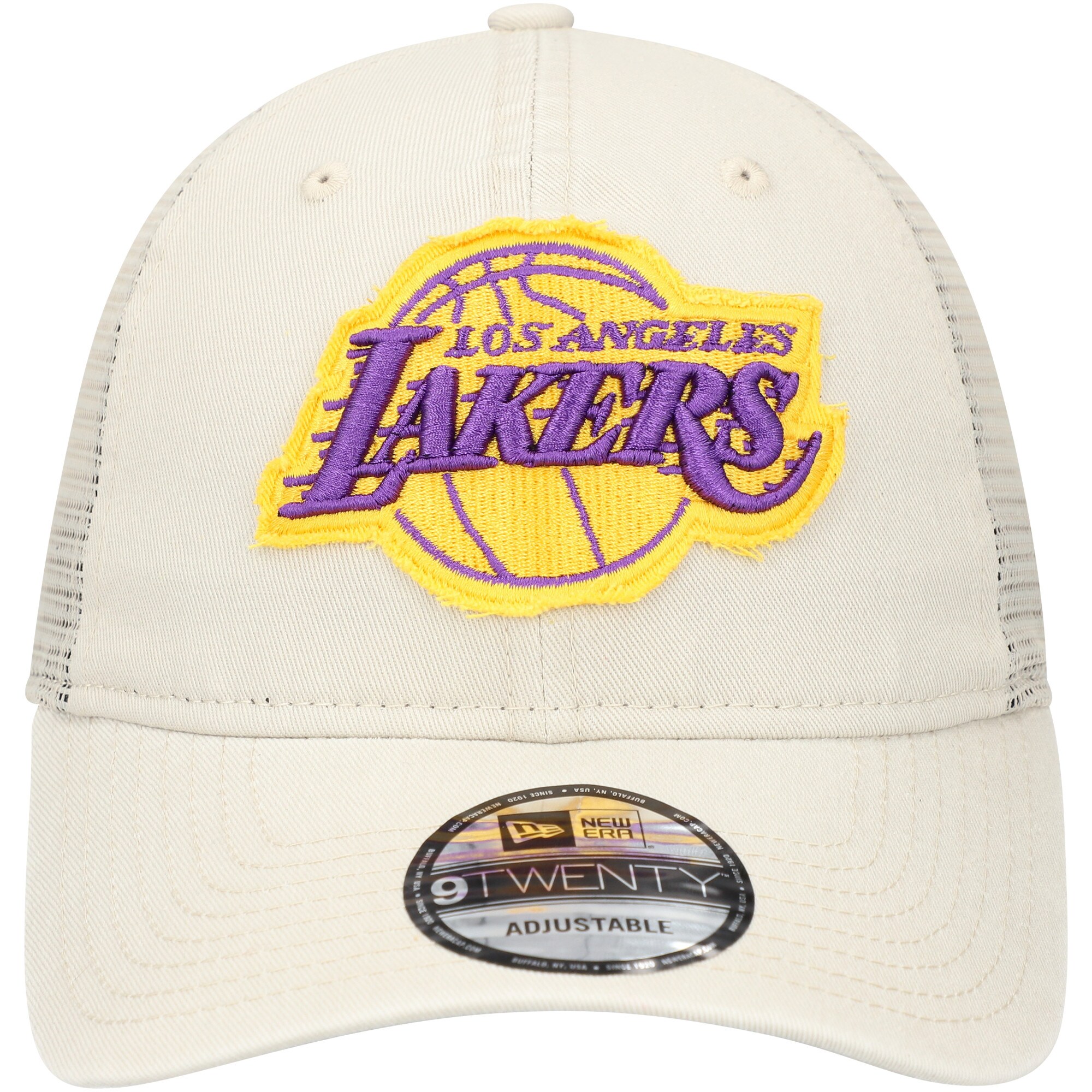 Official Los Angeles Lakers mens los angeles lakers new era cream rough edge logo trucker 9twenty adjustable hat | Lakers Shop