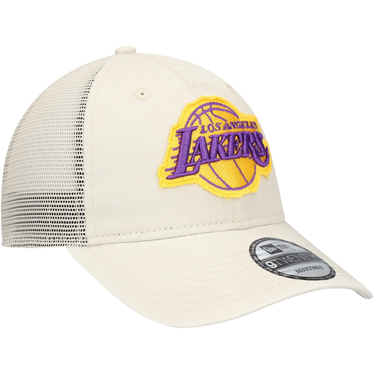 Official Los Angeles Lakers mens los angeles lakers new era cream rough edge logo trucker 9twenty adjustable hat | Lakers Shop