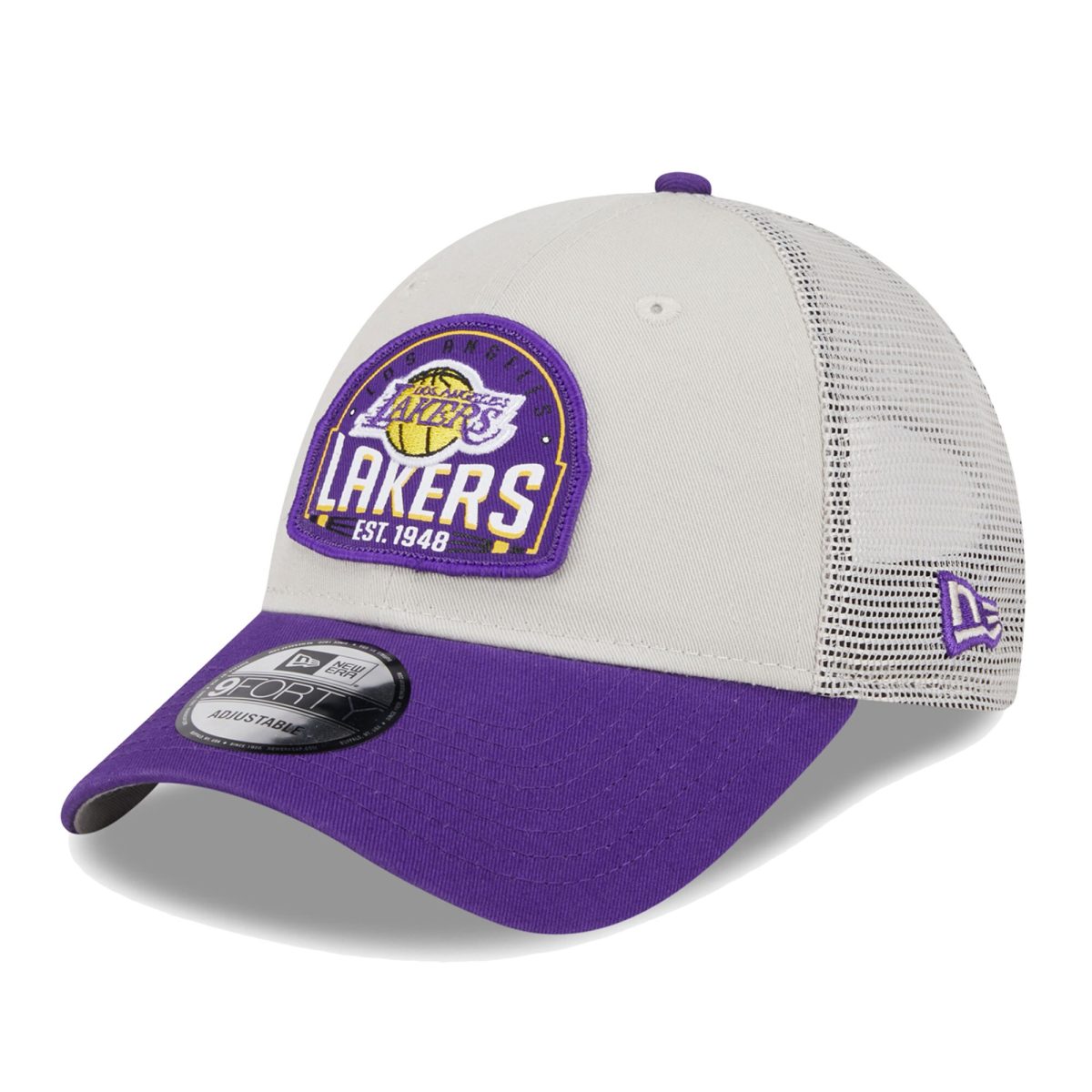 Official Los Angeles Lakers mens los angeles lakers new era khakipurple throwback patch trucker 9forty adjustable hat | Lakers Shop