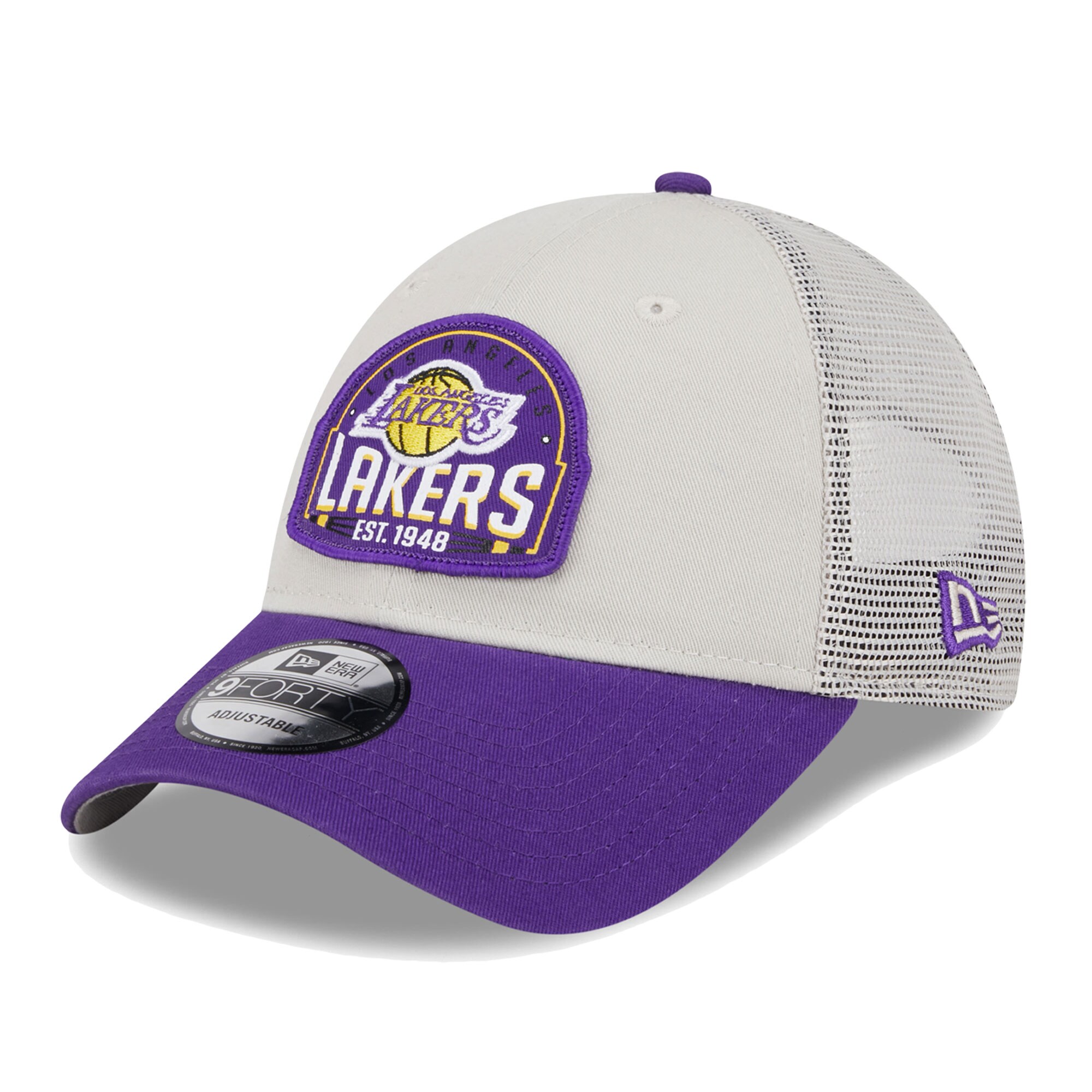 Official Los Angeles Lakers mens los angeles lakers new era khakipurple throwback patch trucker 9forty adjustable hat | Lakers Shop