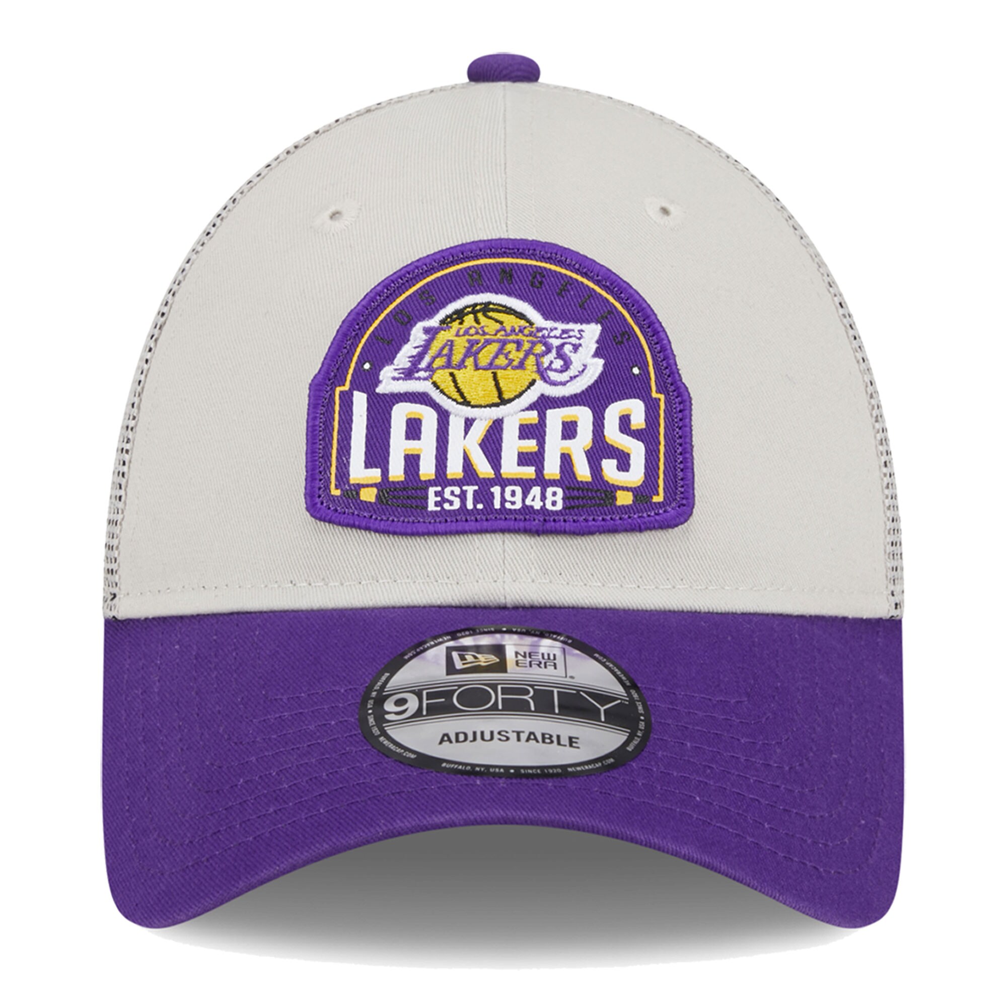 Official Los Angeles Lakers mens los angeles lakers new era khakipurple throwback patch trucker 9forty adjustable hat | Lakers Shop