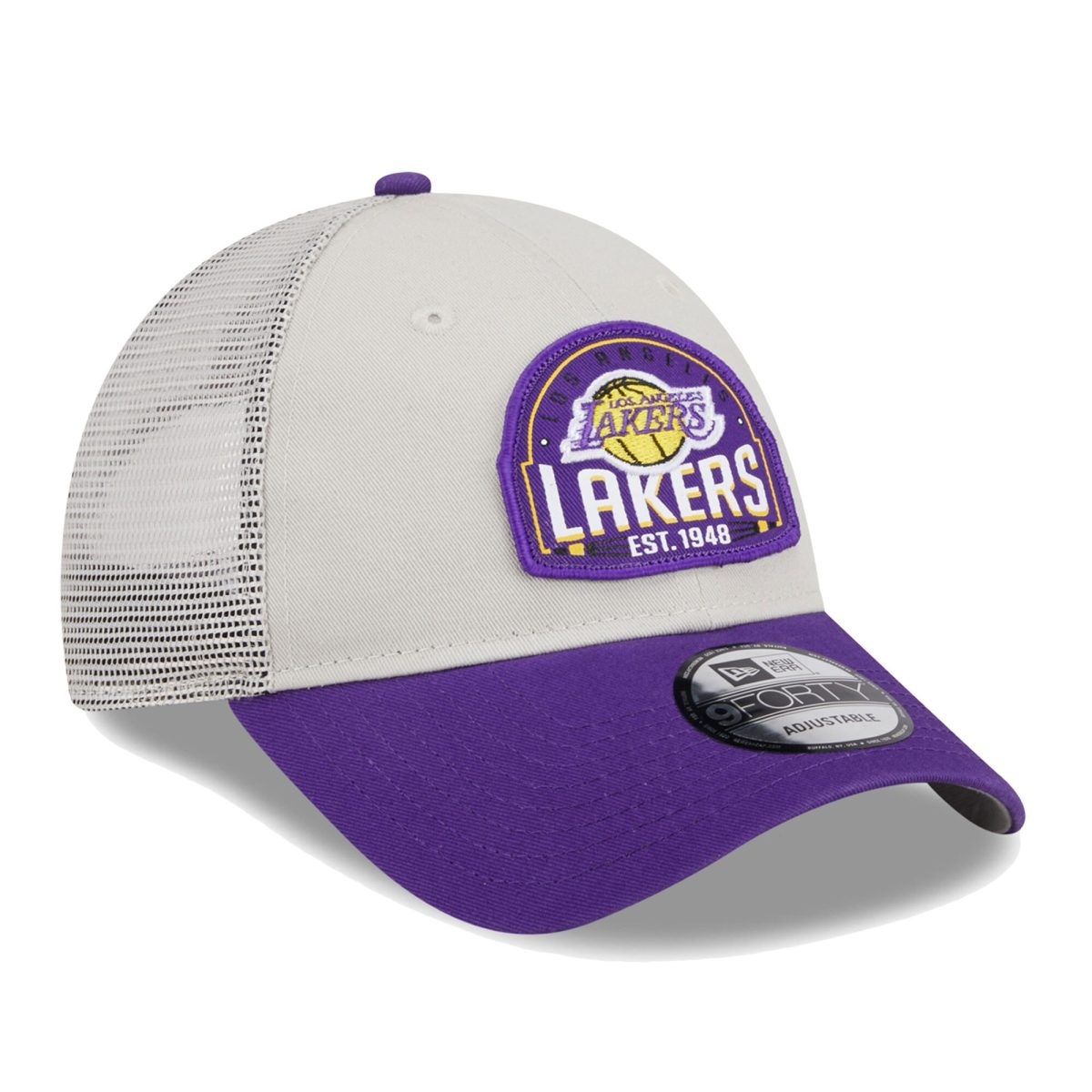 Official Los Angeles Lakers mens los angeles lakers new era khakipurple throwback patch trucker 9forty adjustable hat | Lakers Shop
